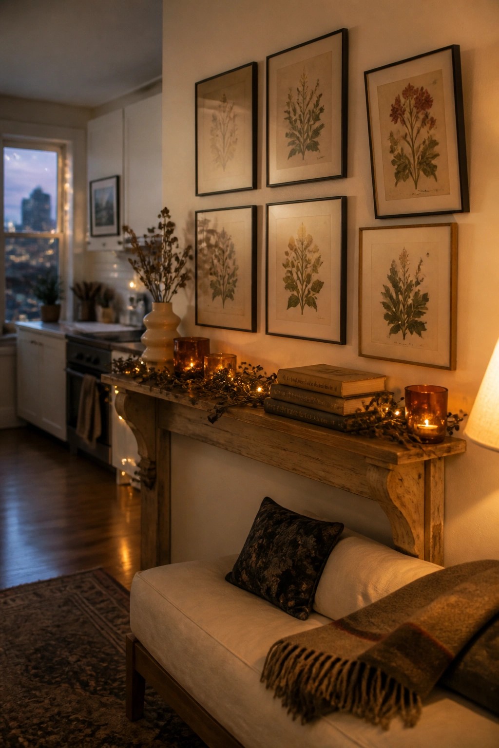 A wooden fireplace mantel styled with a dried foliage garland, several lit candles, stacked books, and framed botanical prints above it, with a bench and pillows in the foreground.