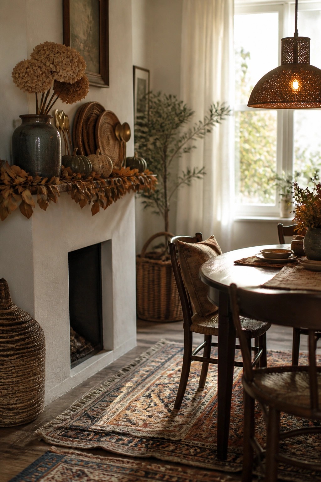 A white fireplace mantel holds a blue ceramic vase with dried hydrangeas, small pumpkins, woven trays, brass spoons, and a garland of dried leaves, with a wooden dining table visible to the right.