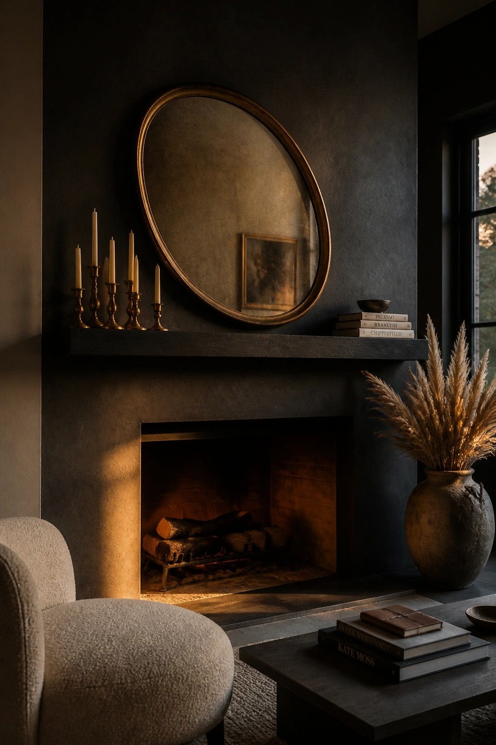 A dark fireplace with a large round mirror above the mantel and a row of brass candlesticks holding white taper candles on the shelf.