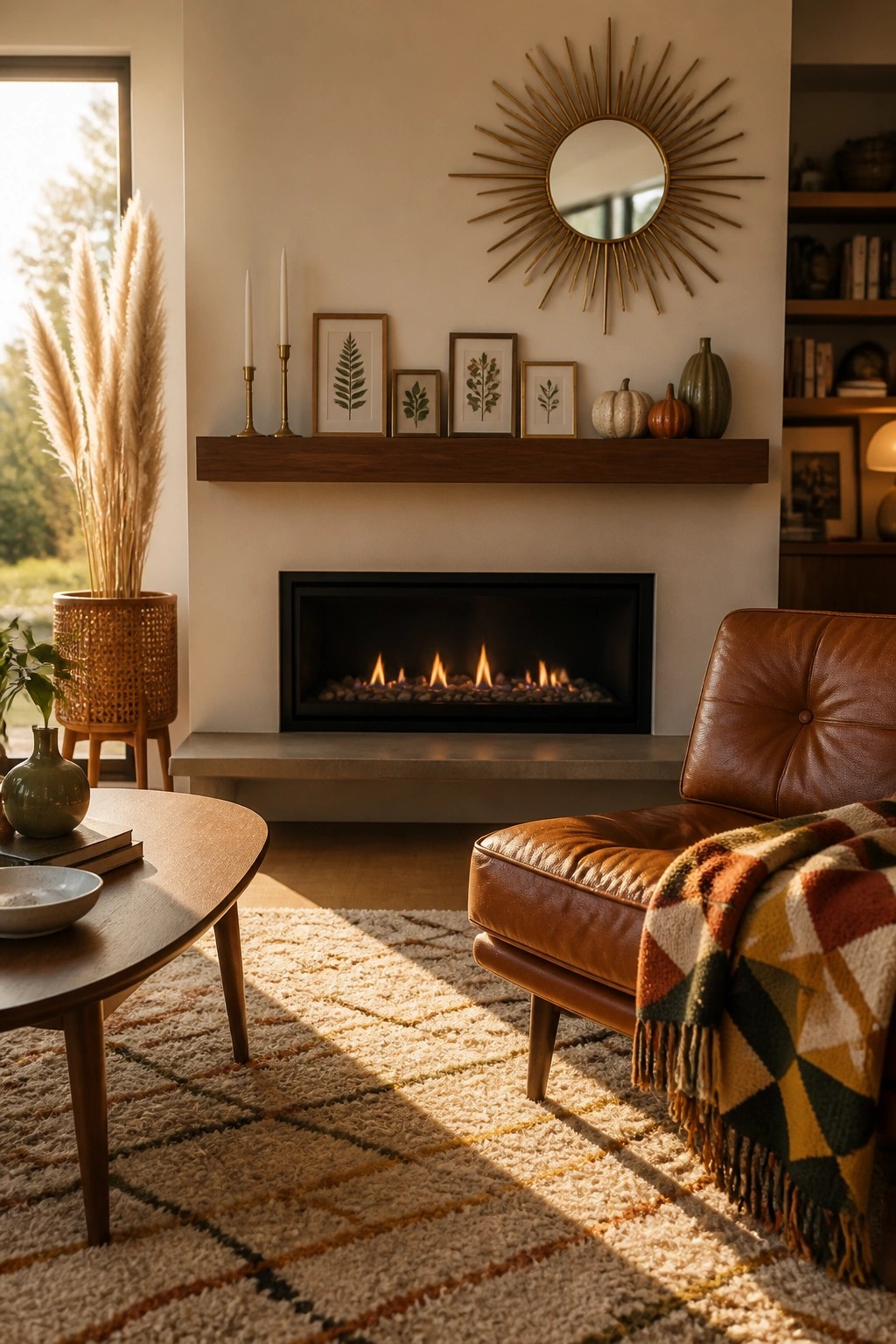 Cozy living room with lit fireplace, leather chair, sunburst mirror, and autumn mantel decor