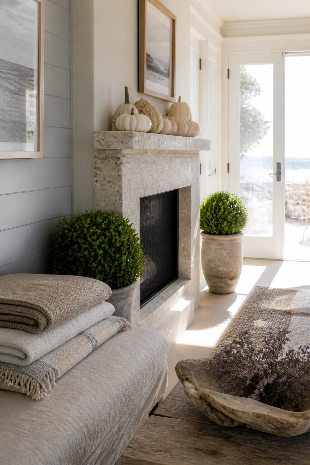 A light stone fireplace with white and beige pumpkins on the mantel, two potted shrubs beside it, and folded blankets on a bench in the foreground.