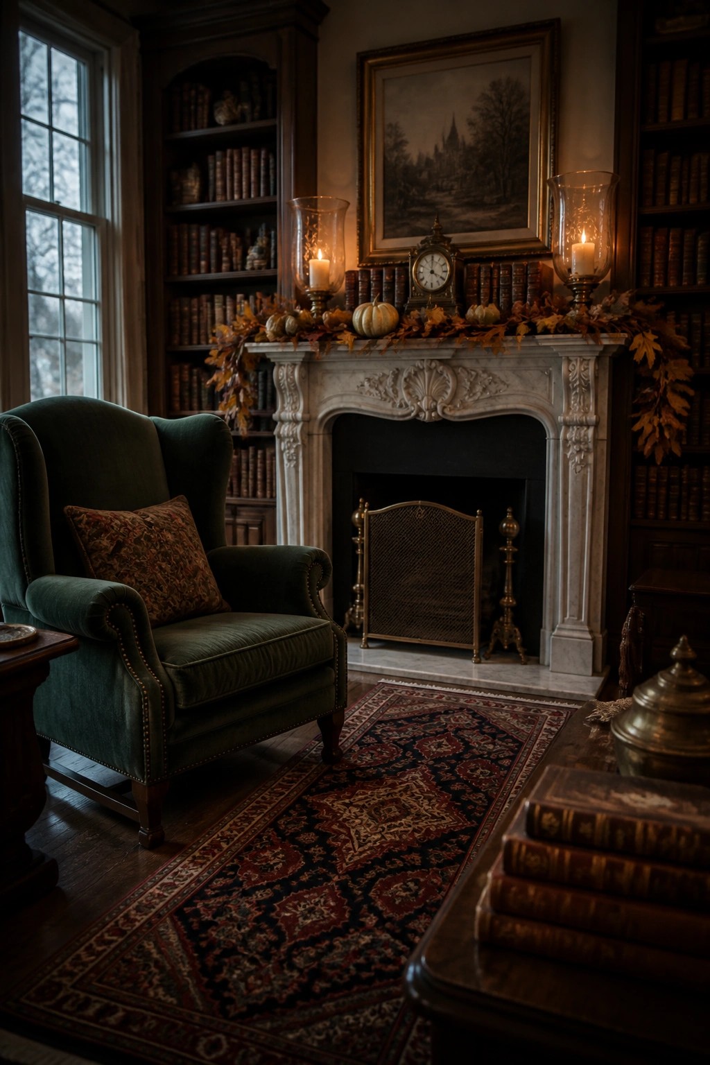 A white marble fireplace mantel decorated with a garland of autumn leaves and small pumpkins, flanked by glass candle holders and a small clock, with built-in bookshelves on both sides.