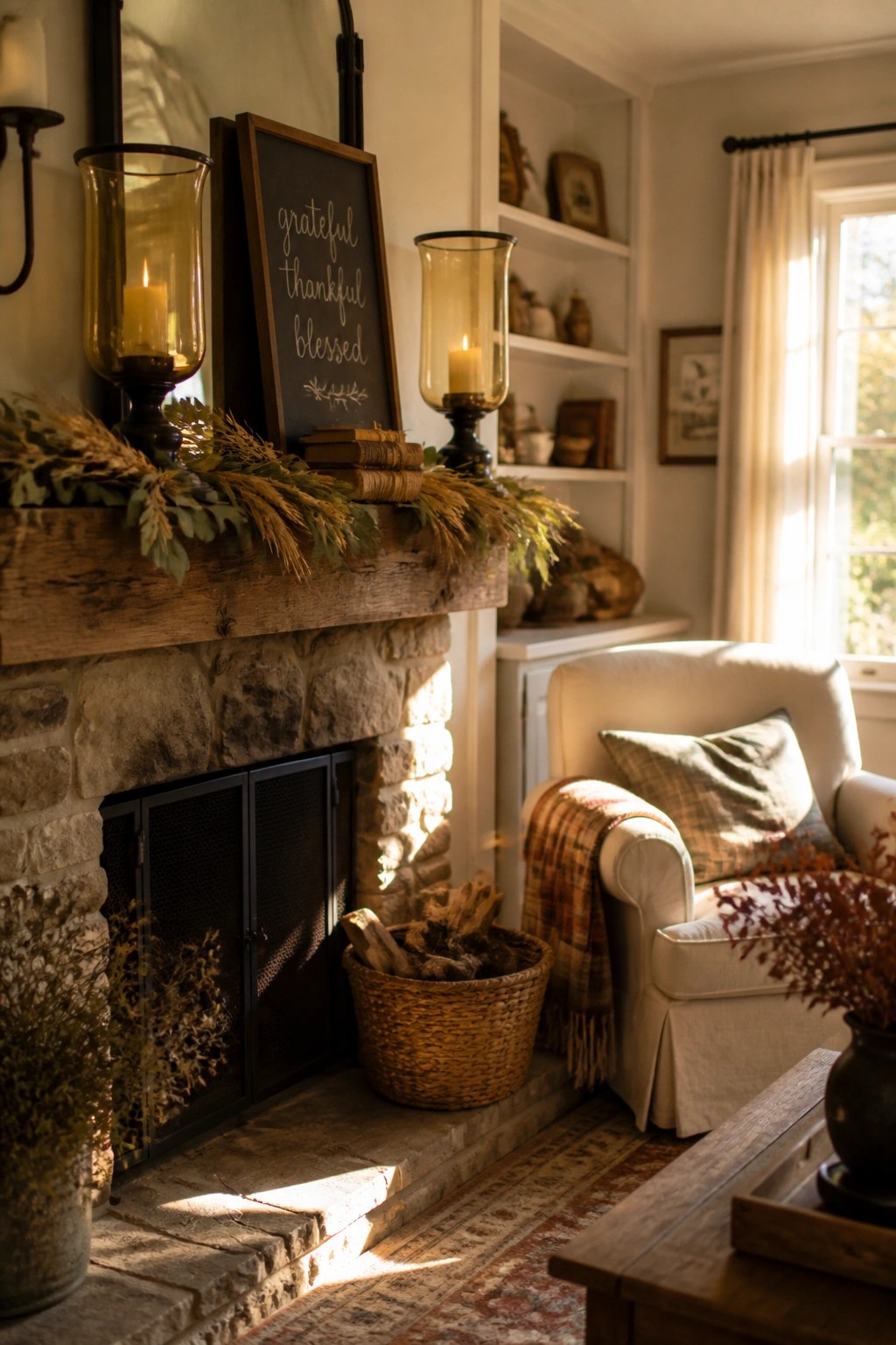A stone fireplace mantel decorated with dried wheat and foliage garland, glass candle holders, stacked books, and a chalkboard sign in a living room with an armchair nearby.