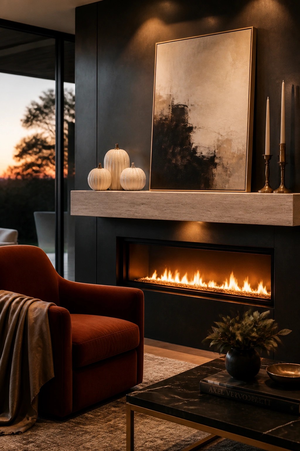A modern living room features a linear fireplace with a stone mantel holding three white pumpkins and an abstract painting above it, next to a red armchair and a dark coffee table.