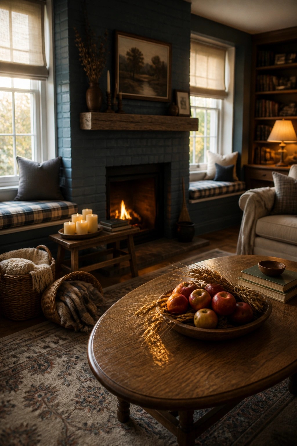 A cozy living room featuring a round wooden coffee table with a bowl of red apples and wheat stalks, positioned in front of a lit brick fireplace with plaid window seats and woven baskets nearby.