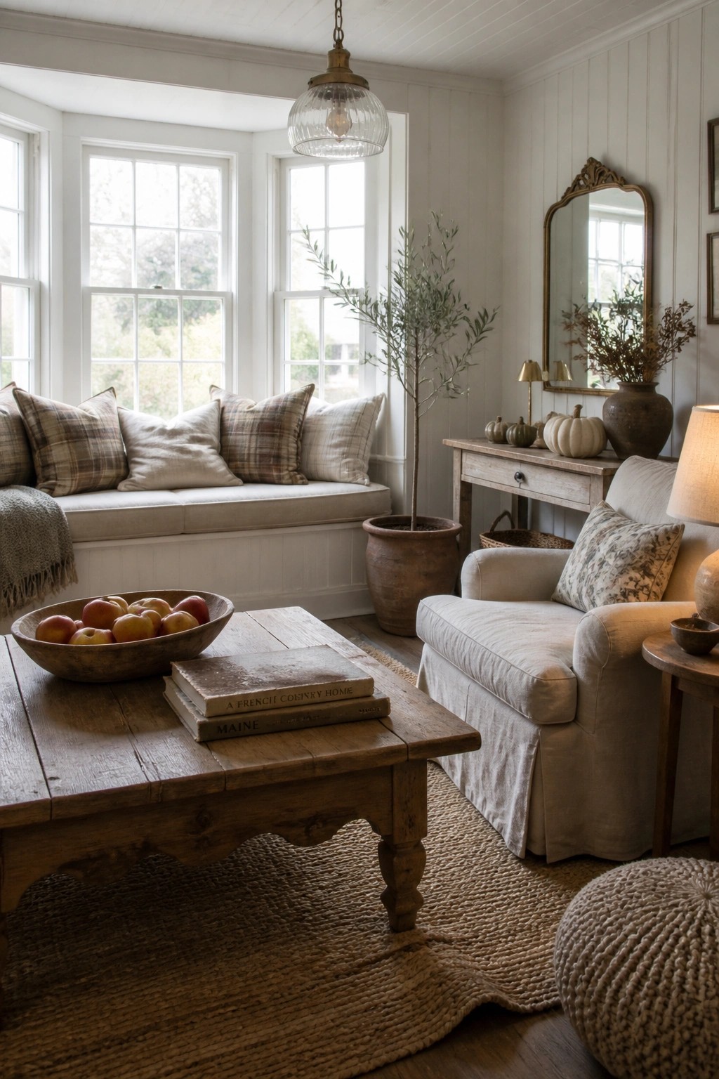 A cottage-style living room with a cushioned window seat under three windows, a rustic wooden coffee table holding books and a wooden bowl of apples, and a slipcovered armchair beside a console table decorated with small pumpkins.
