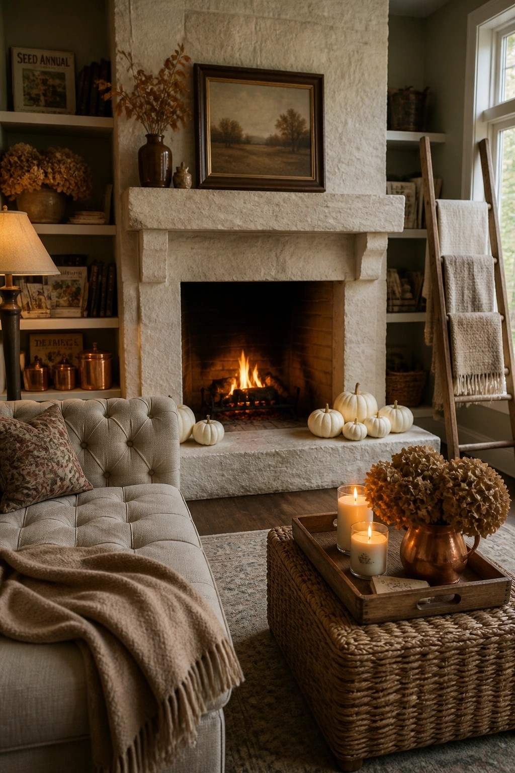 A living room with a lit stone fireplace, white pumpkins arranged on the hearth, a tufted sofa with a throw blanket, and candles on a tray in the foreground.