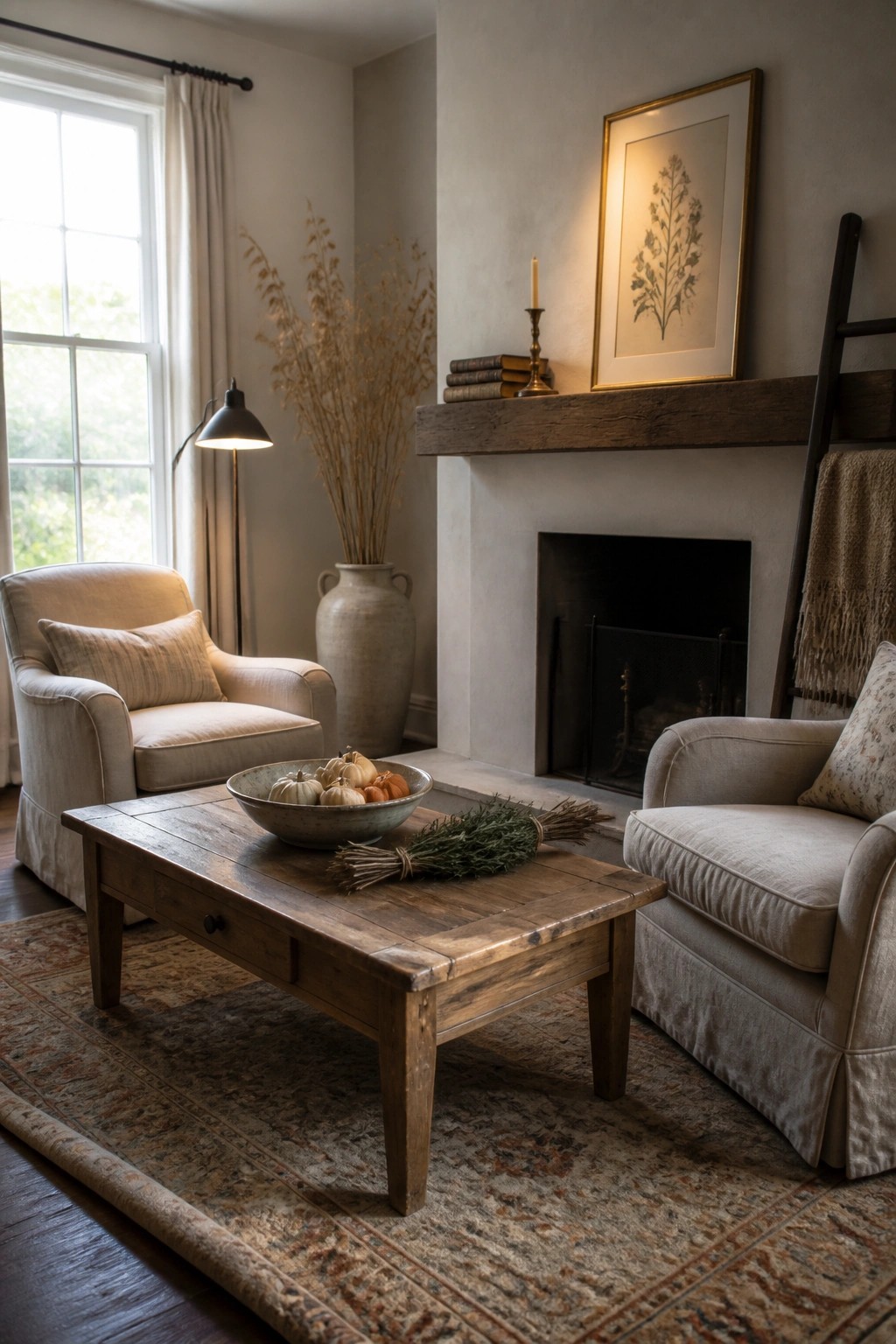 A cottage living room with two slipcovered armchairs facing a rustic wooden coffee table that holds a bowl of small pumpkins and a bundle of dried herbs, with a fireplace and neutral decor in the background.