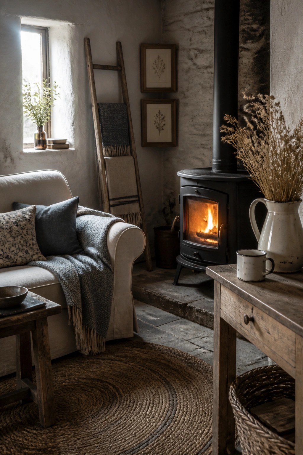 A rustic living room with a lit black wood stove, a light-colored sofa draped in gray blankets, a wooden ladder holding throws, and a small wooden table in the foreground.