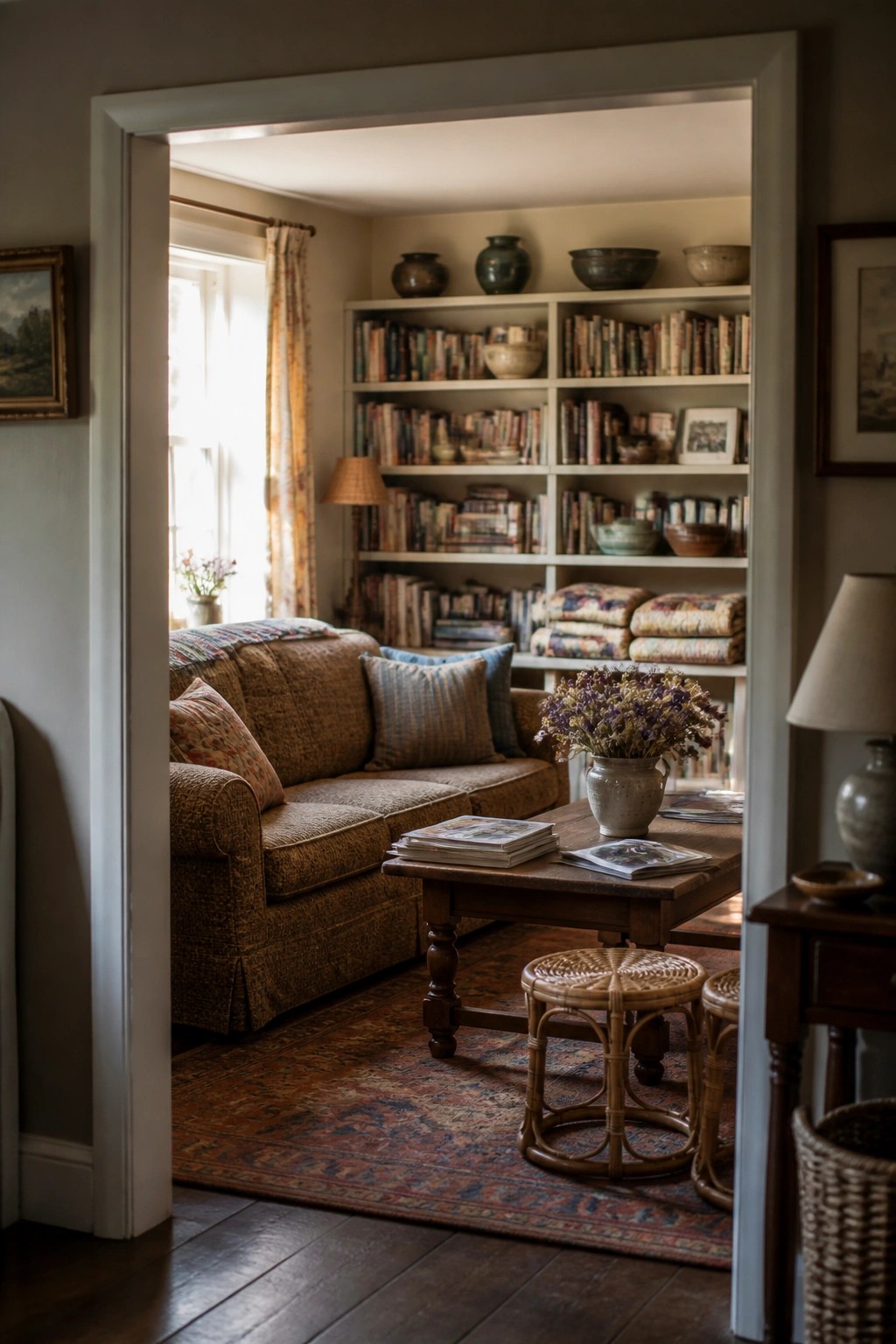 A doorway view into a living room with a brown sofa, wooden coffee table, built-in white bookshelves filled with books and pottery, and two woven stools on a patterned rug.