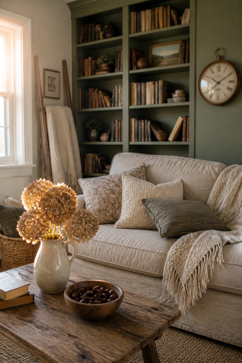 A cozy cottage living room with a cream sofa, layered pillows, a wooden coffee table, and tall green built-in bookshelves filled with books.