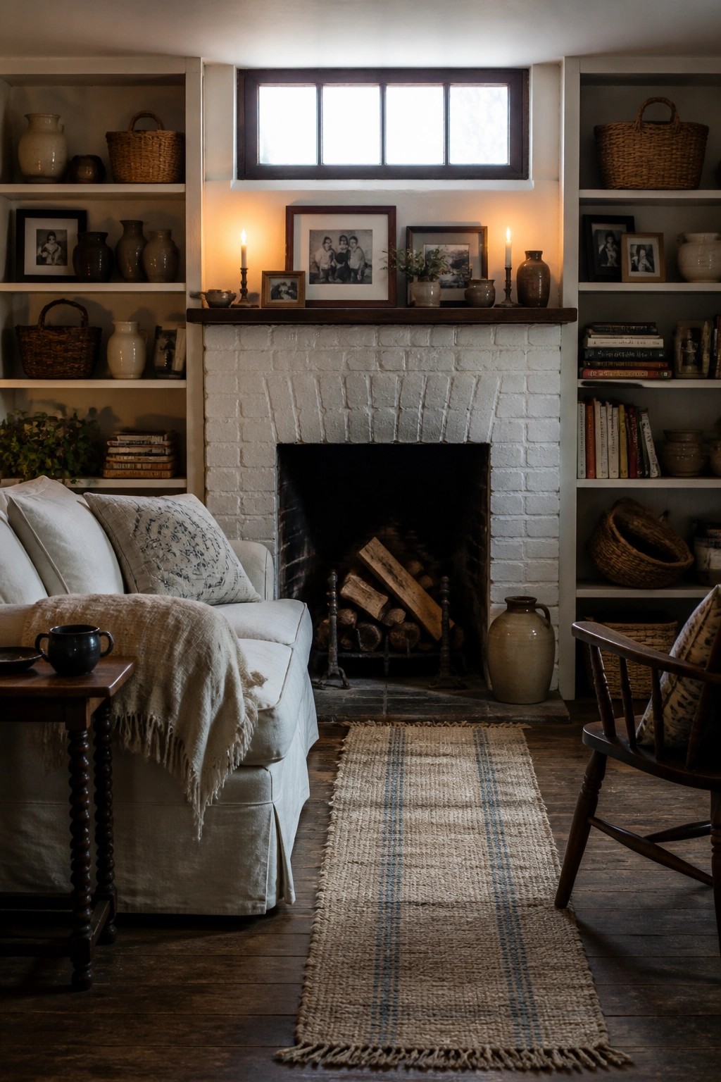 A living room with a white brick fireplace flanked by built-in shelves holding baskets, vases, books, and framed photos, a white sofa with a throw, and a striped runner rug on dark wood floors.