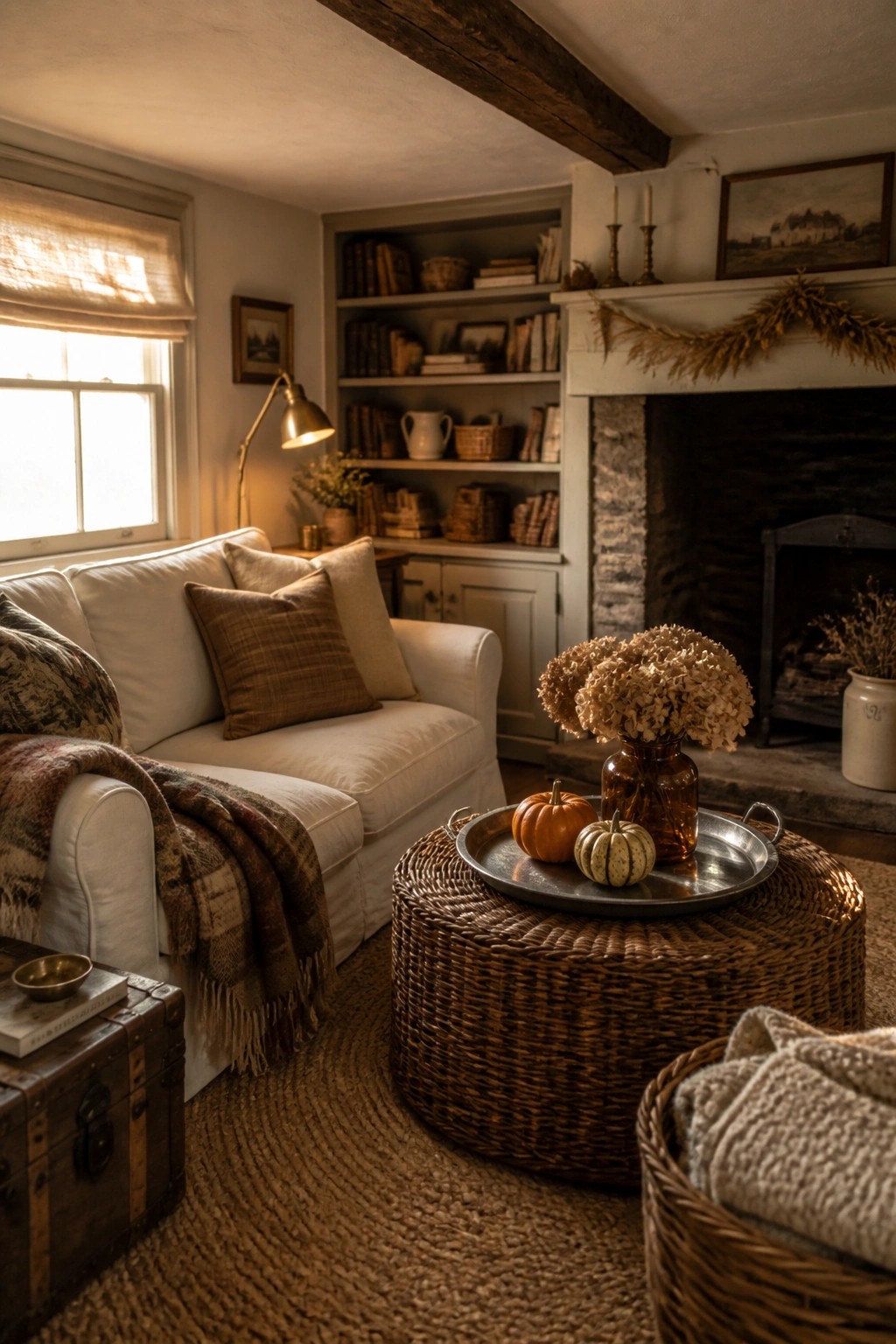 A cottage living room with a white sofa facing a fireplace flanked by built-in bookshelves, a wicker ottoman in front, and autumn decor on the mantel and tray.