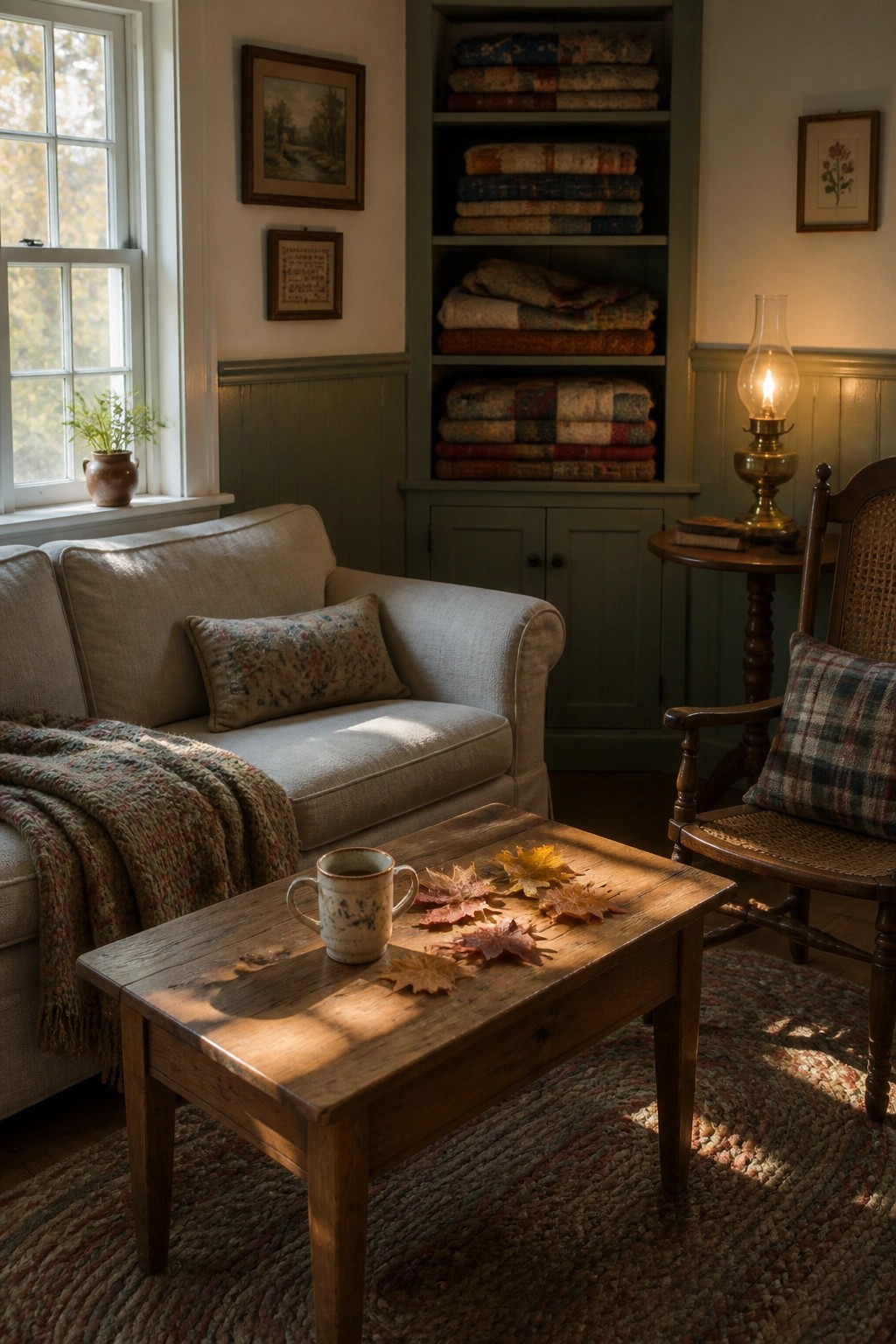 A cottage living room with built-in shelves holding stacks of folded quilts, a beige sofa, a wooden coffee table with autumn leaves, and a lit oil lamp.