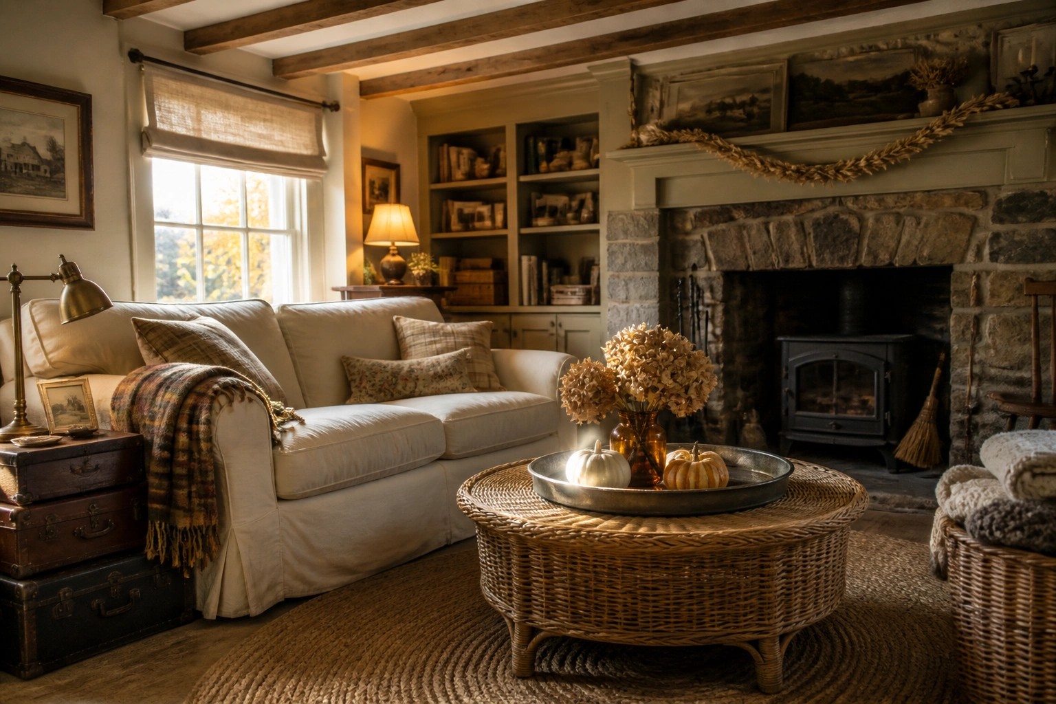 A cottage living room with a white sofa facing a fireplace flanked by built-in bookshelves, a wicker ottoman in front, and autumn decor on the mantel and tray.