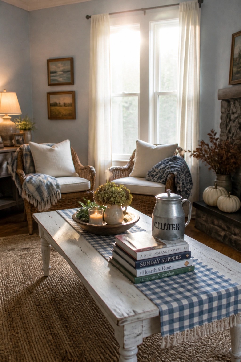 A cottage living room features a white distressed coffee table with a blue gingham runner holding stacked books and a wooden bowl with a lit candle, flanked by two wicker armchairs in front of sunlit windows.