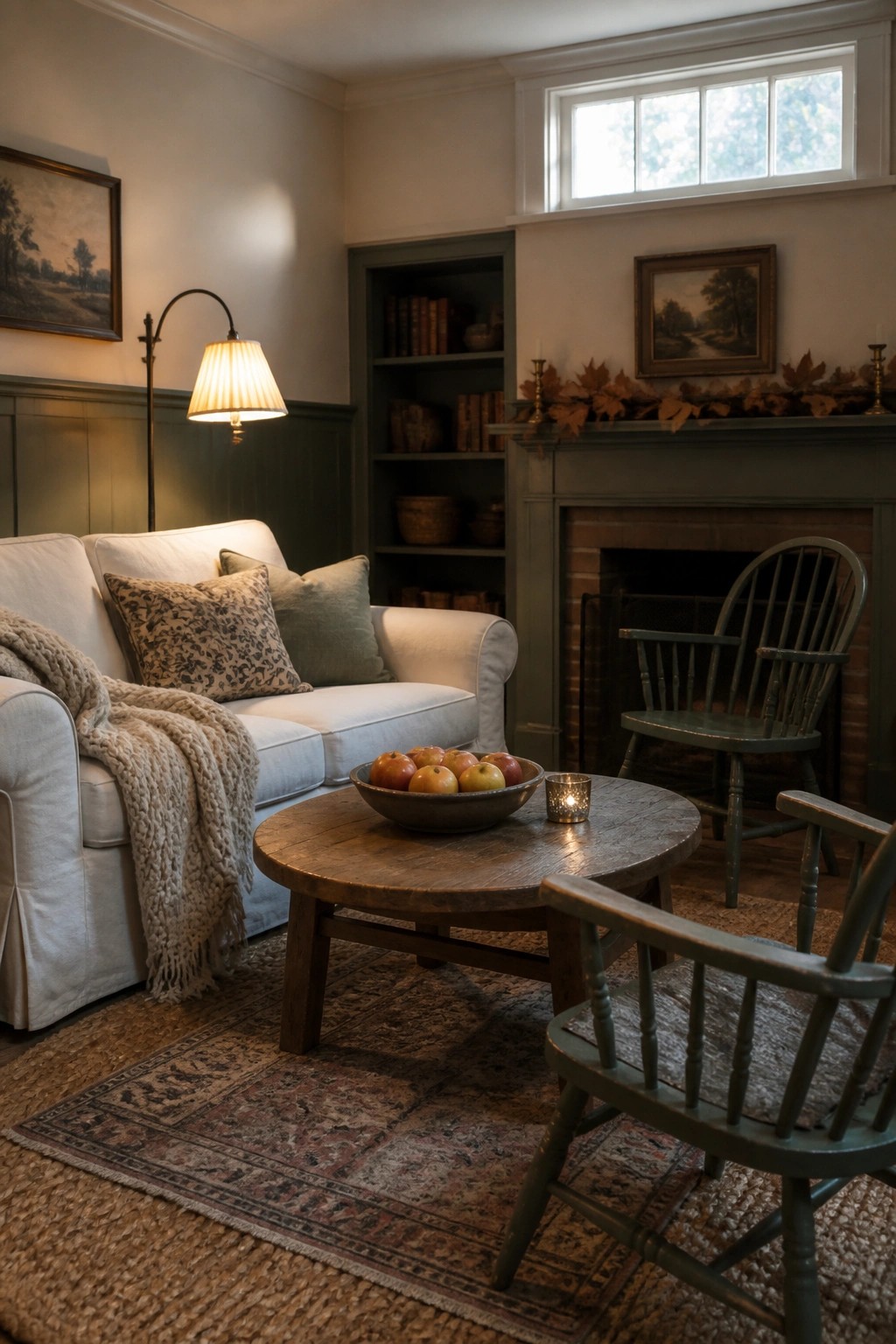 Cozy living room with white sofa, round wooden table, green chairs, and fireplace.