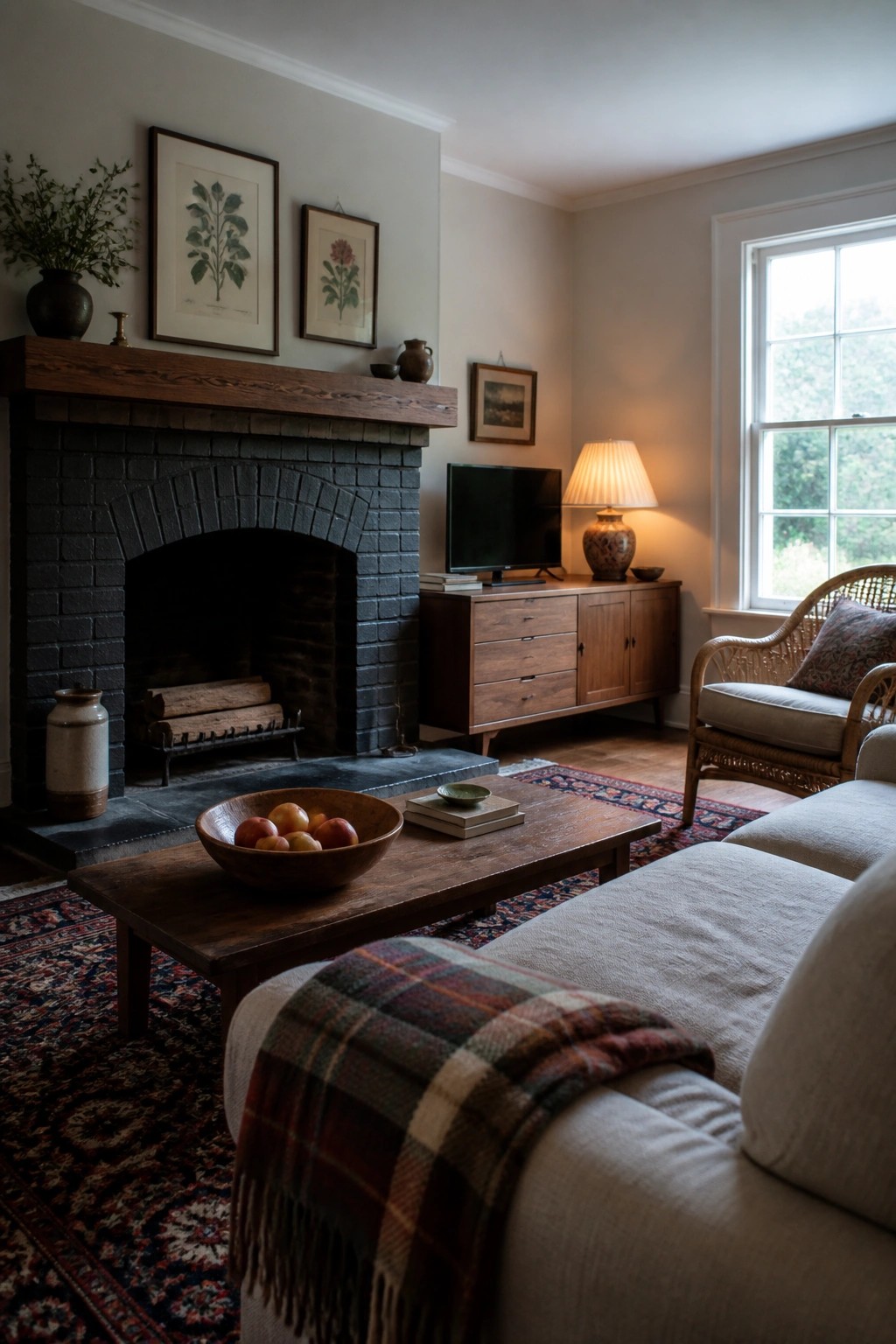 A living room with a dark brick fireplace, wooden coffee table, and plaid throw draped over a light sofa.