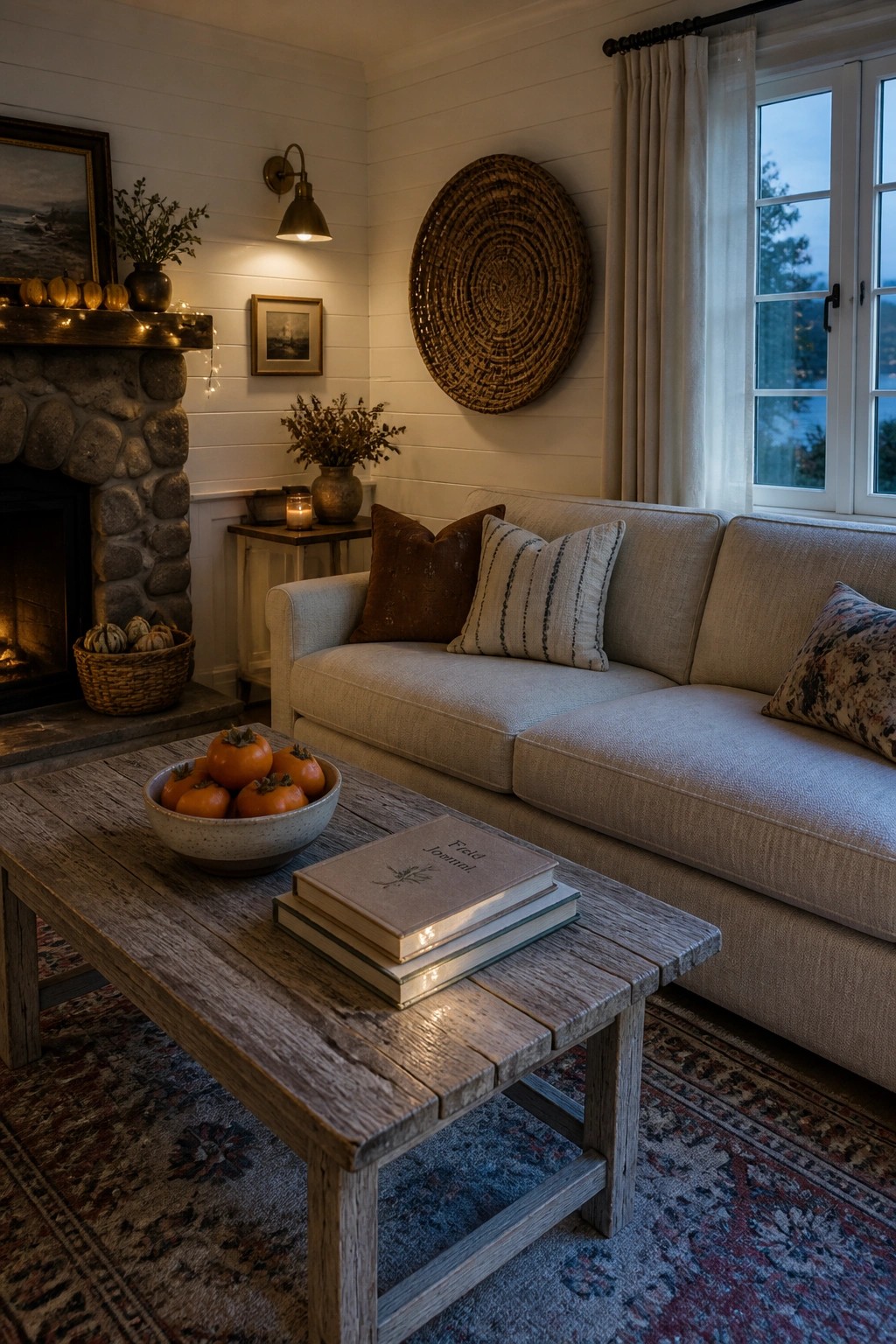A living room featuring a stone fireplace, beige sofa with pillows, wooden coffee table with stacked books and a bowl of fruit, and a large round woven wall hanging.