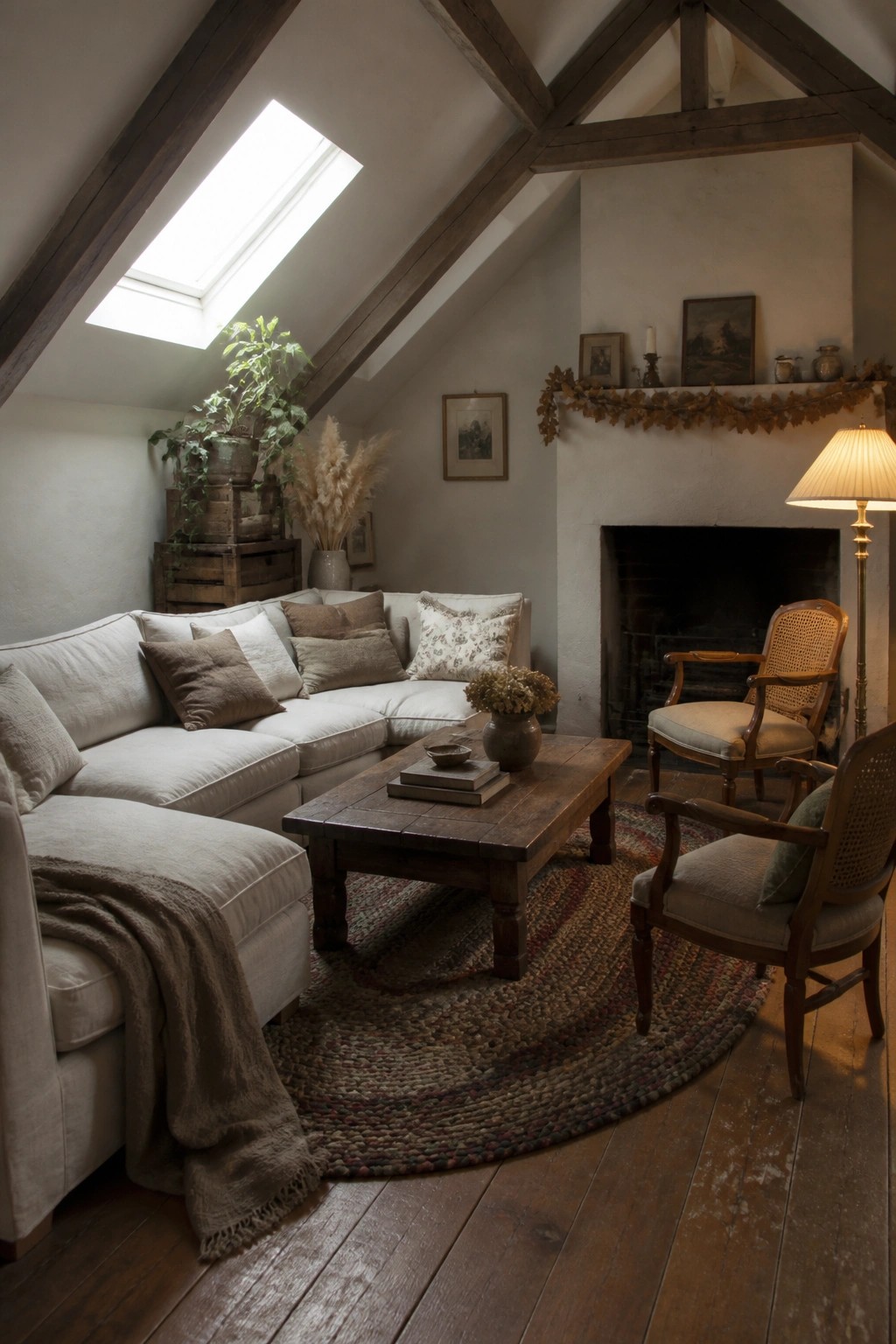 A cottage-style attic living room featuring a large neutral sectional sofa with assorted pillows and a draped throw, a wooden coffee table on a braided rug, and a fireplace beneath exposed beams.