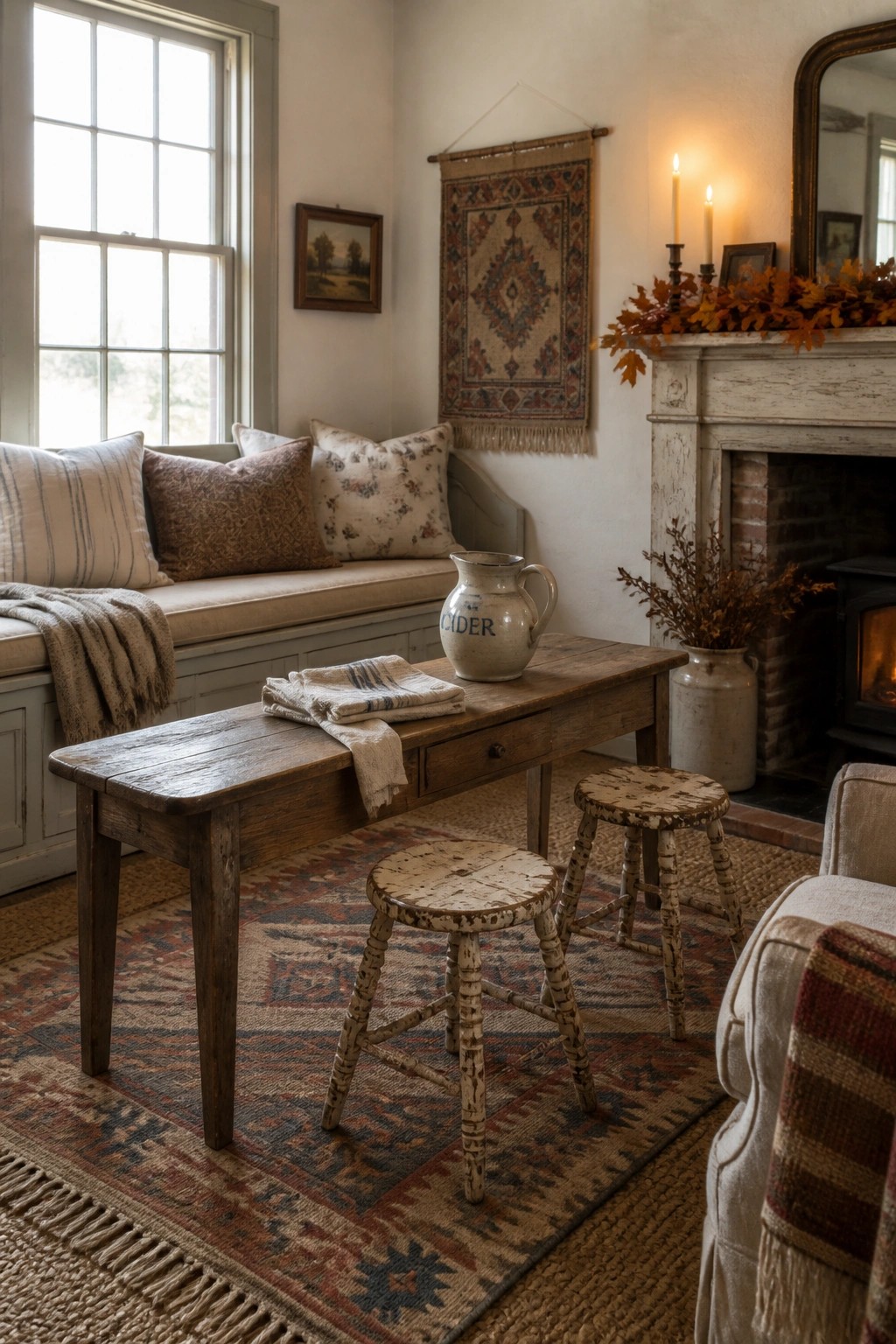 A cottage living room featuring a rustic wooden table with two distressed white stools on a patterned rug, a cushioned window seat with pillows, and a white fireplace mantel decorated with candles and autumn foliage.