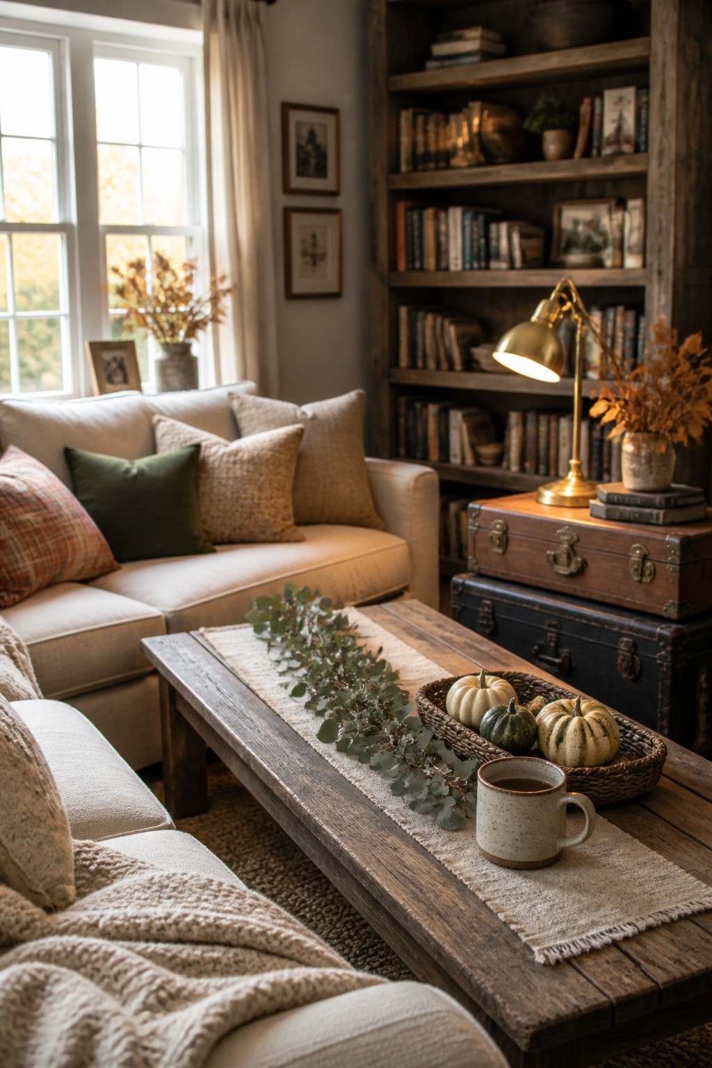 A living room with a wooden coffee table holding a linen runner, eucalyptus garland, a basket of small pumpkins, and a mug, next to a beige sofa and a large bookshelf.