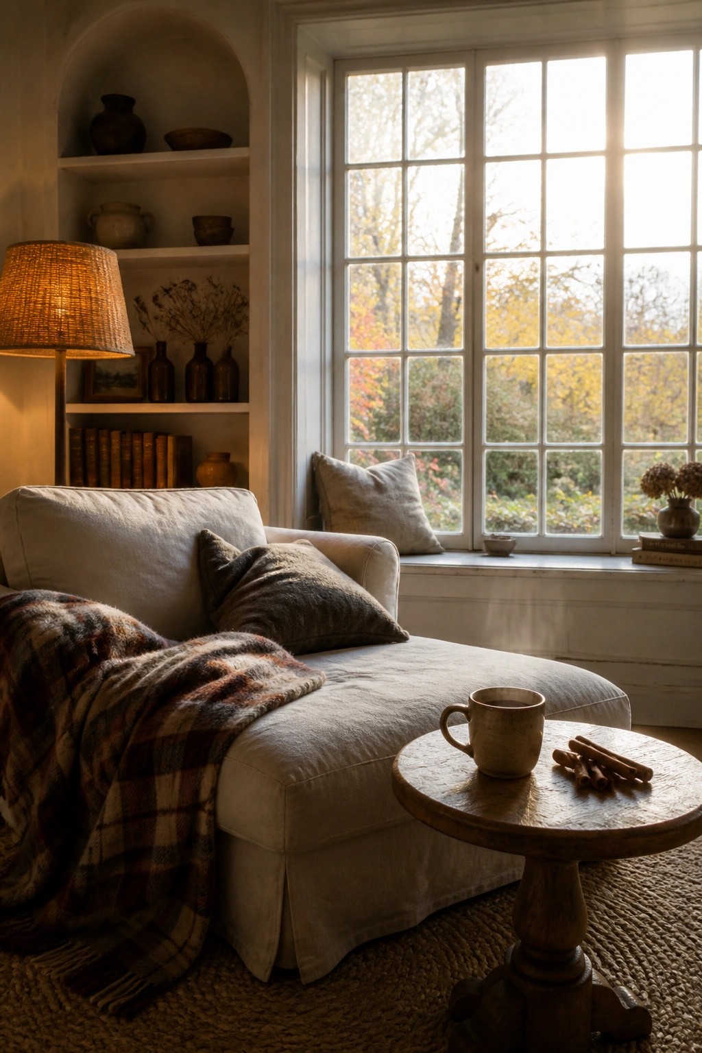 Cozy beige chaise with plaid throw beside sunlit autumn window and mug on wooden table