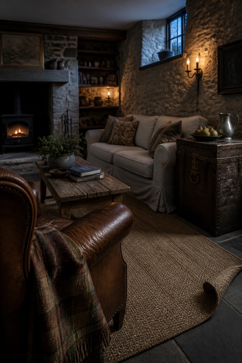 A cottage living room with stone walls, a fireplace, beige sofa, wooden coffee table, leather armchair with plaid throw, and large jute rug.