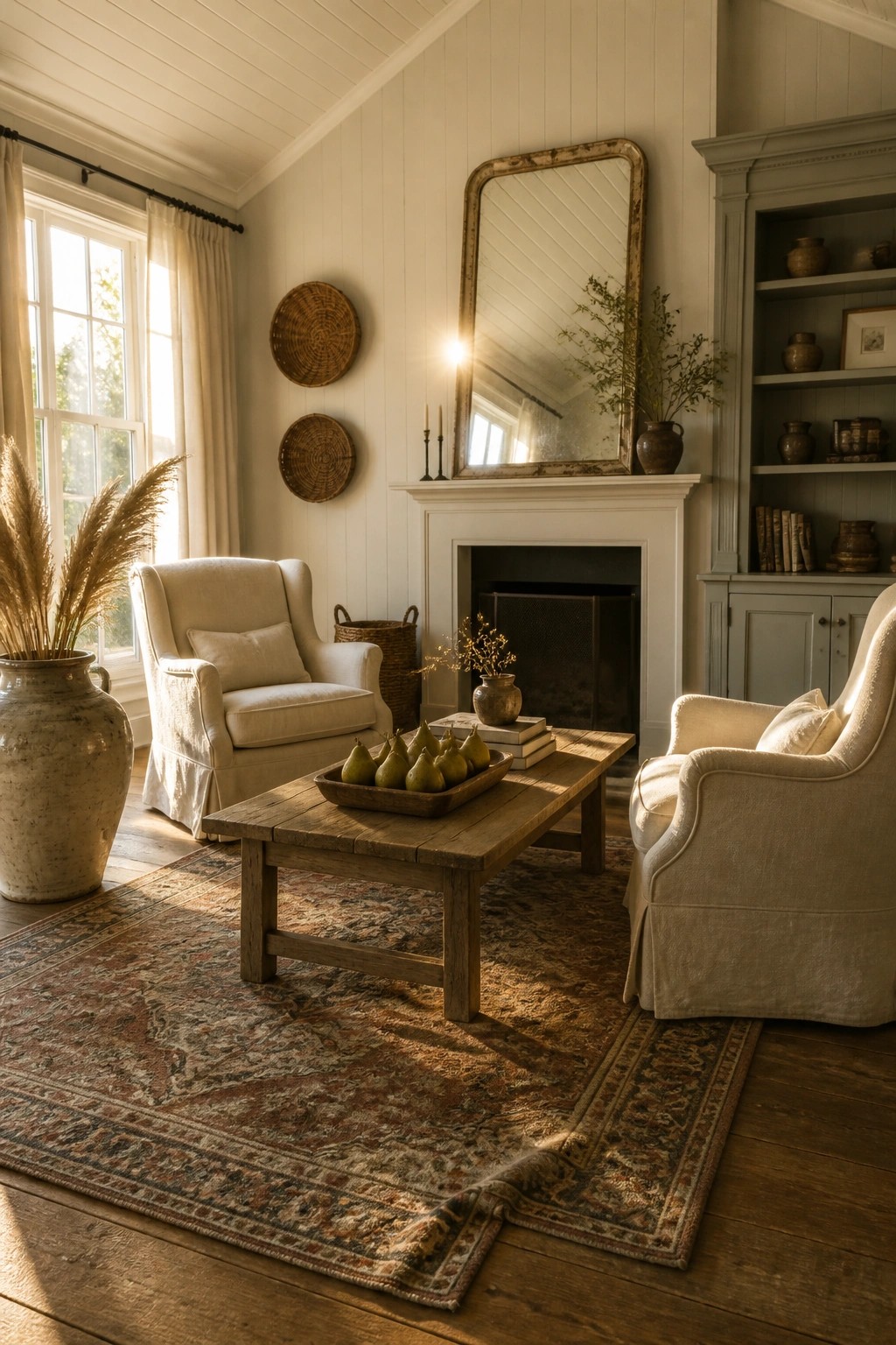 A cottage living room with two cream slipcovered armchairs facing a wooden coffee table that holds a tray of green pears, a fireplace with a large distressed mirror above it, woven baskets on the wall, and a large patterned rug on the floor.