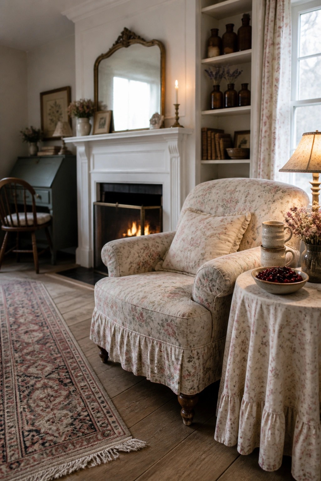 Cozy floral armchair by a lit fireplace with cherry-filled table and lamp.