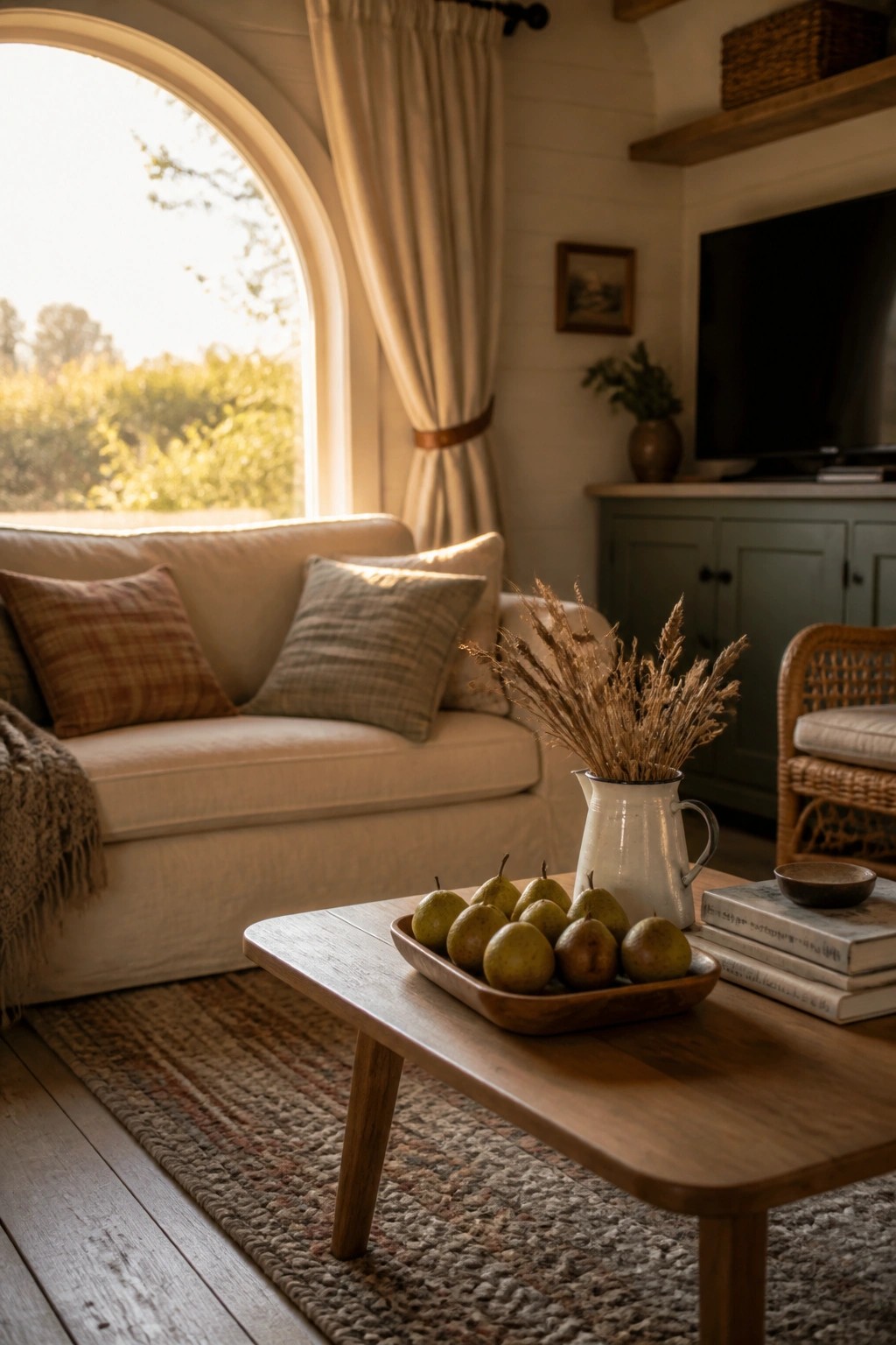 A cottage living room featuring a wooden coffee table with a tray of pears and a white pitcher of dried grasses in front of a white sofa and large arched window.