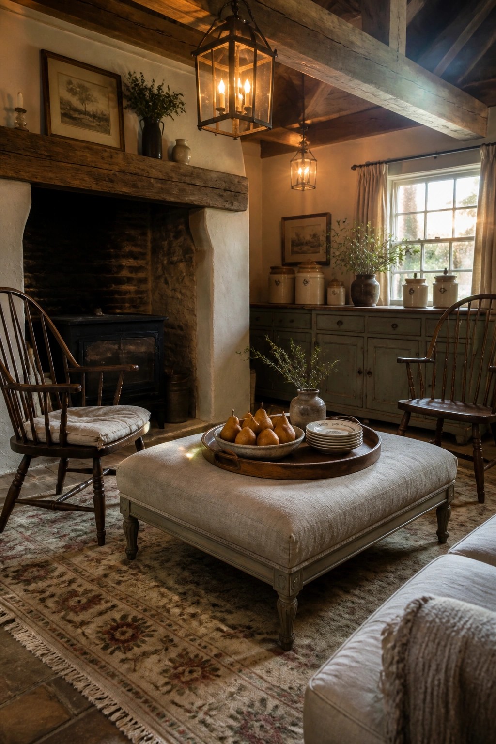 A cottage living room featuring a large upholstered ottoman with a wooden tray holding pears and plates, positioned in front of a stone fireplace with wooden chairs nearby.