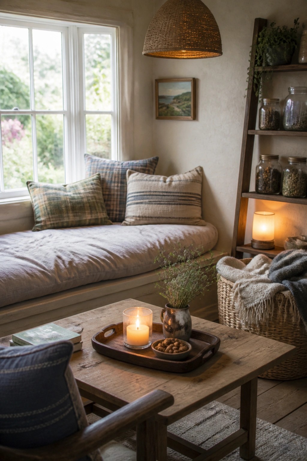 Cozy rustic nook with lit candle tray, window seat, woven lamp and shelves