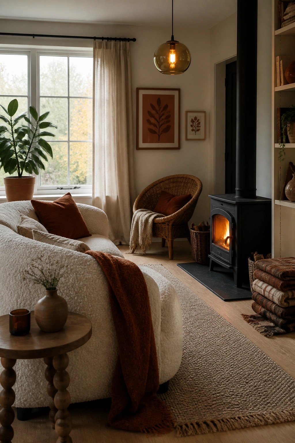 A living room with a lit black wood stove, white boucle sofa with rust pillows and throw, wicker chair, woven rug, and large window with sheer curtains.