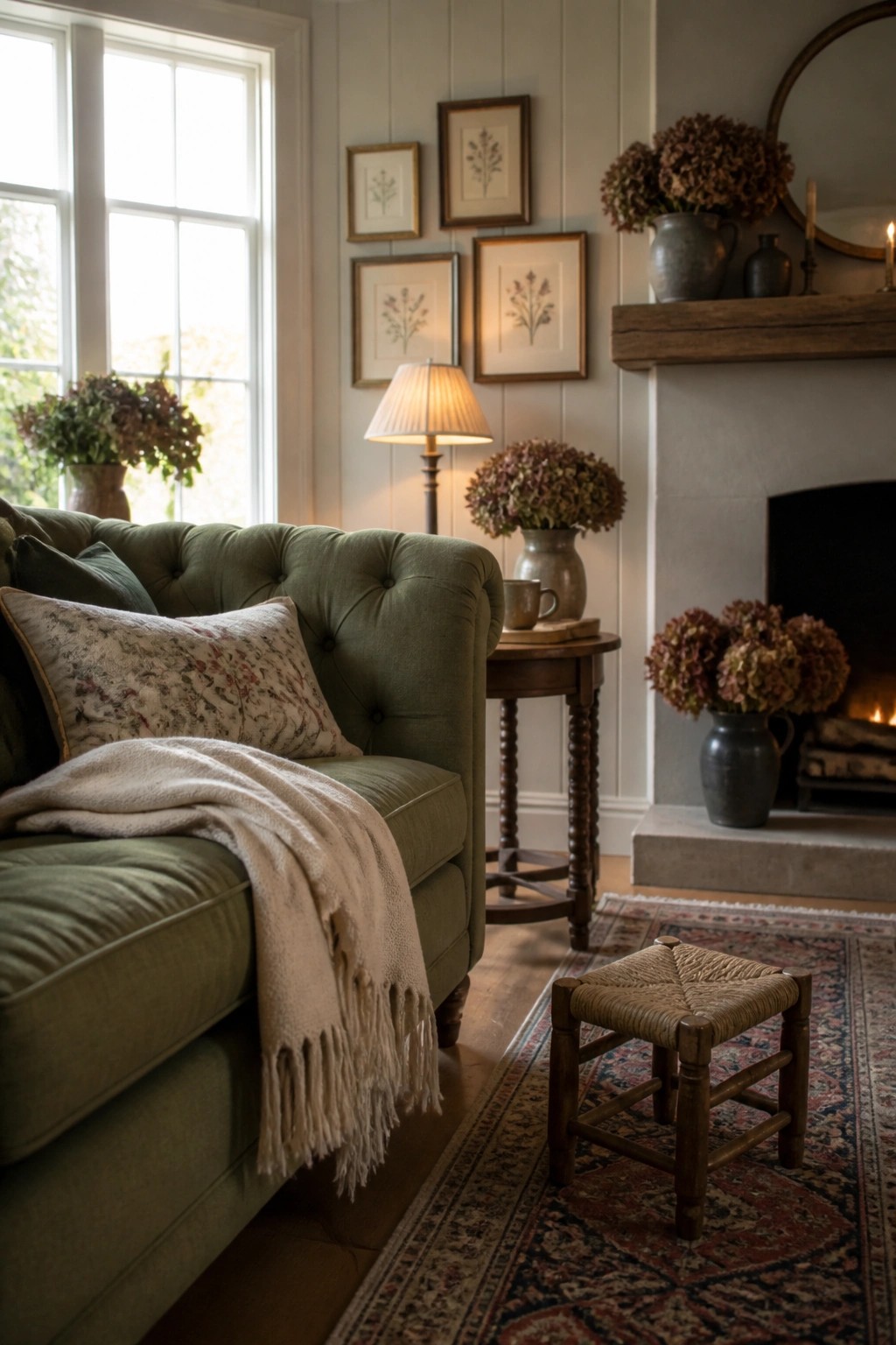 A living room with a green tufted sofa draped in a cream throw, a small wooden side table, a stone fireplace, dried hydrangeas in vases, and framed botanical prints on the wall.