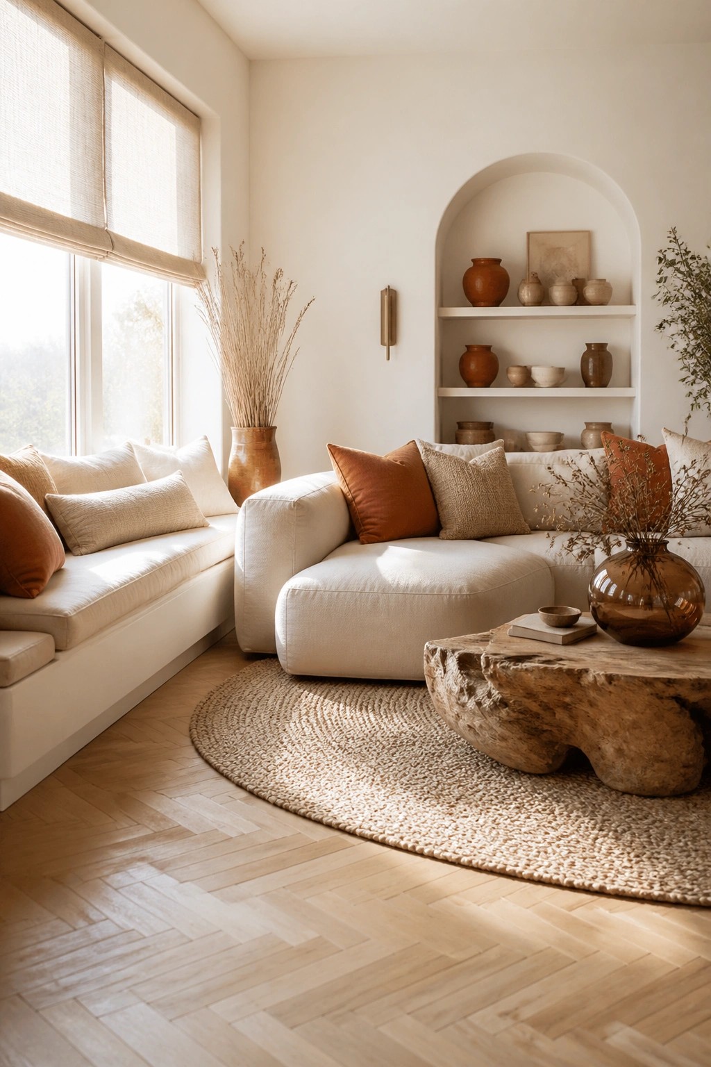 A bright living room with a white sectional sofa, terracotta and beige pillows, a round woven rug, a live-edge wood coffee table, and built-in arched shelves holding pottery.