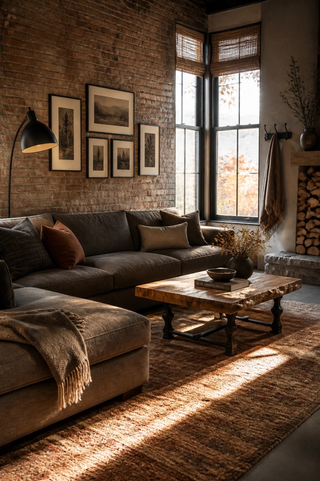 A living room featuring a large brown sectional sofa, wooden coffee table on a textured area rug, and a brick wall with framed art and windows.