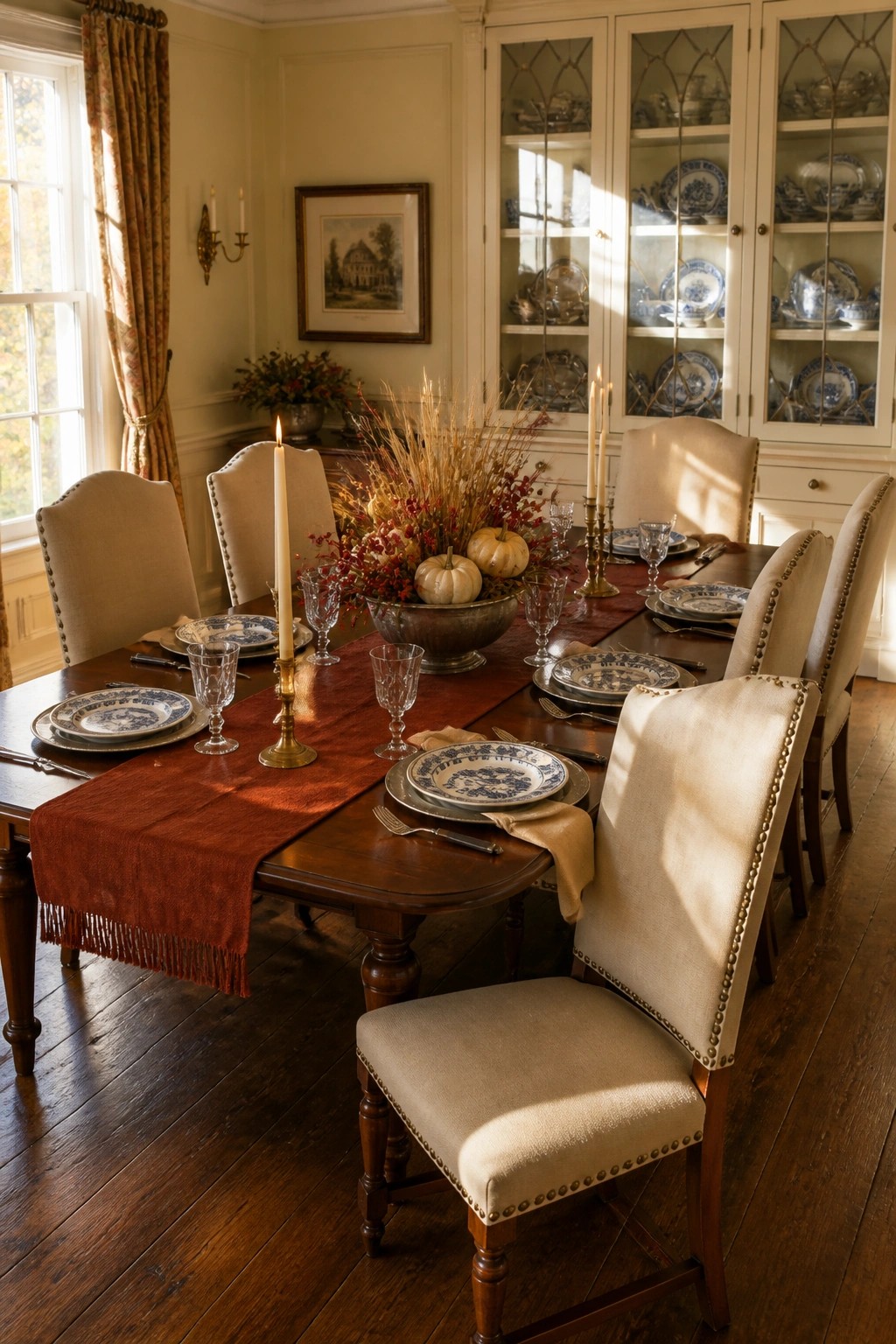 A formal dining room with a long dark wood table covered by a rust-colored fringed runner, set with blue and white china, crystal glasses, lit candles, and a centerpiece featuring small pumpkins and dried foliage.