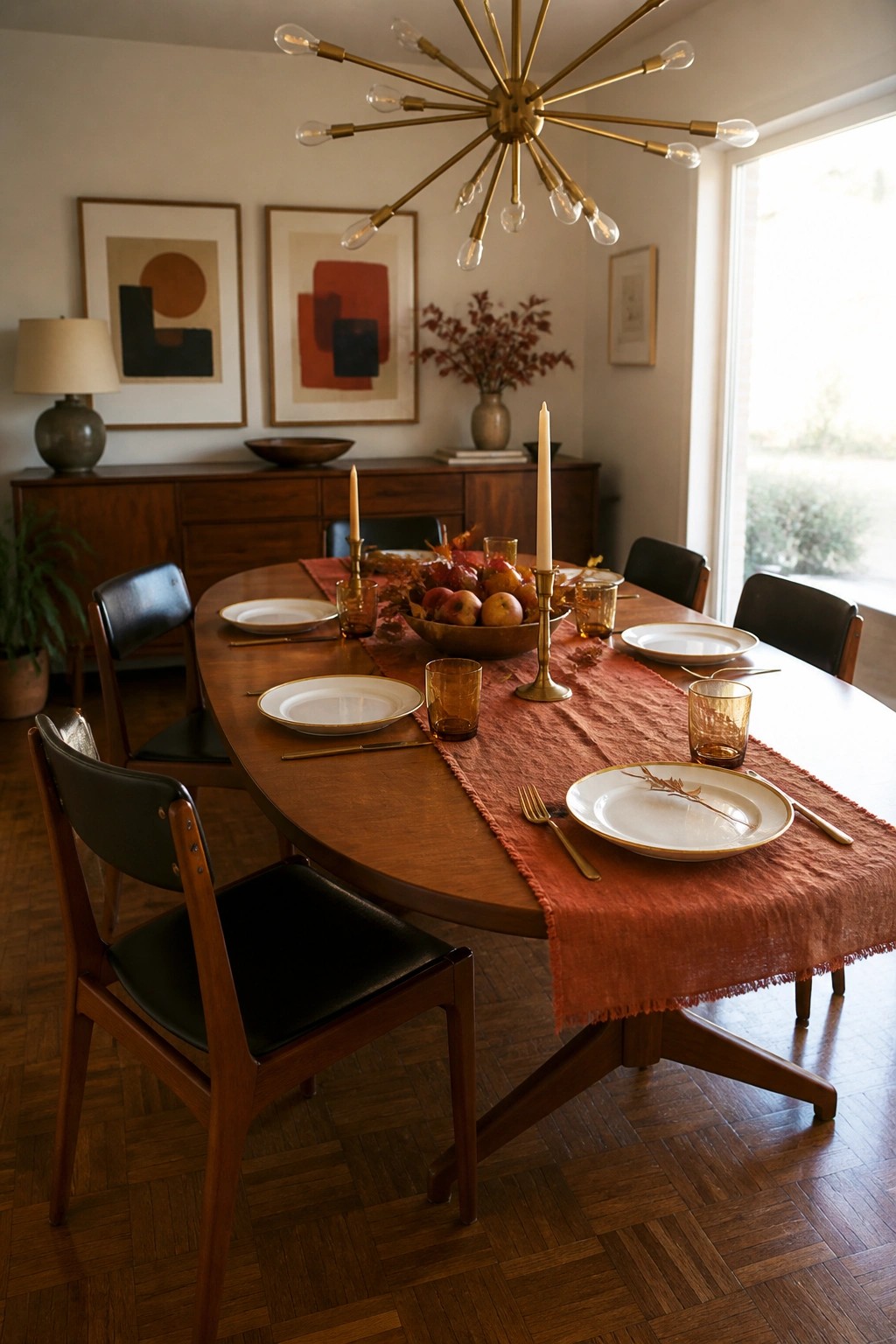 A wooden oval dining table set with white plates, amber glassware, brass candlesticks, and a bowl of apples and pomegranates on a long rust-colored runner.