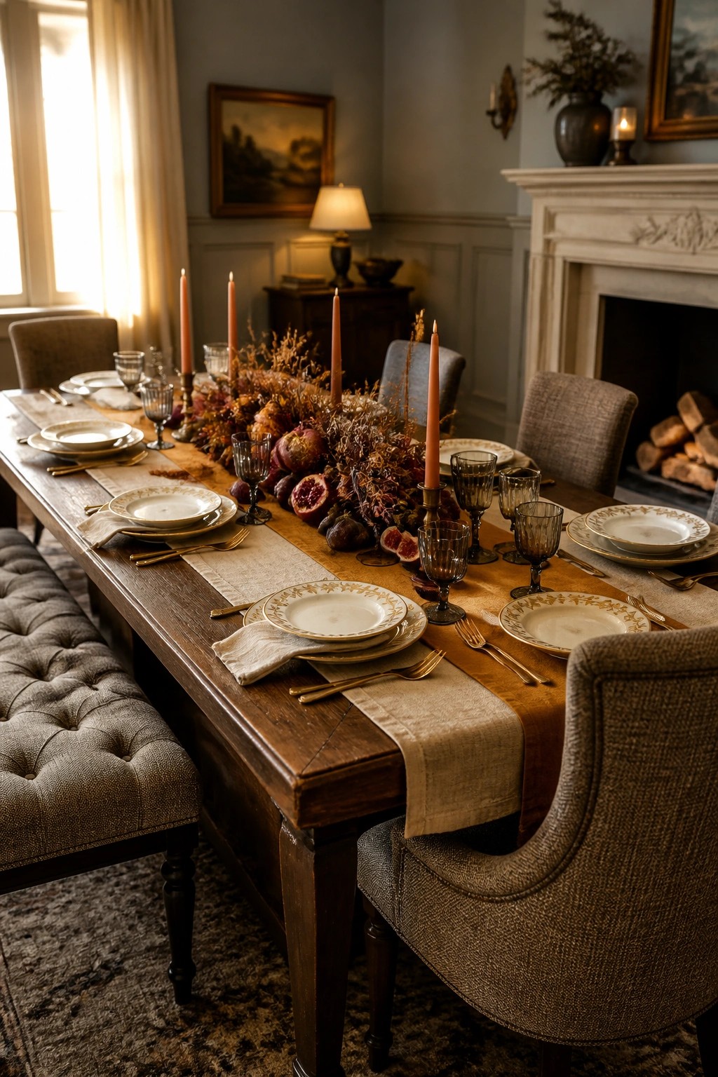 Elegant fall table setting with pumpkins, figs, pink candles, and gold accents by fireplace.