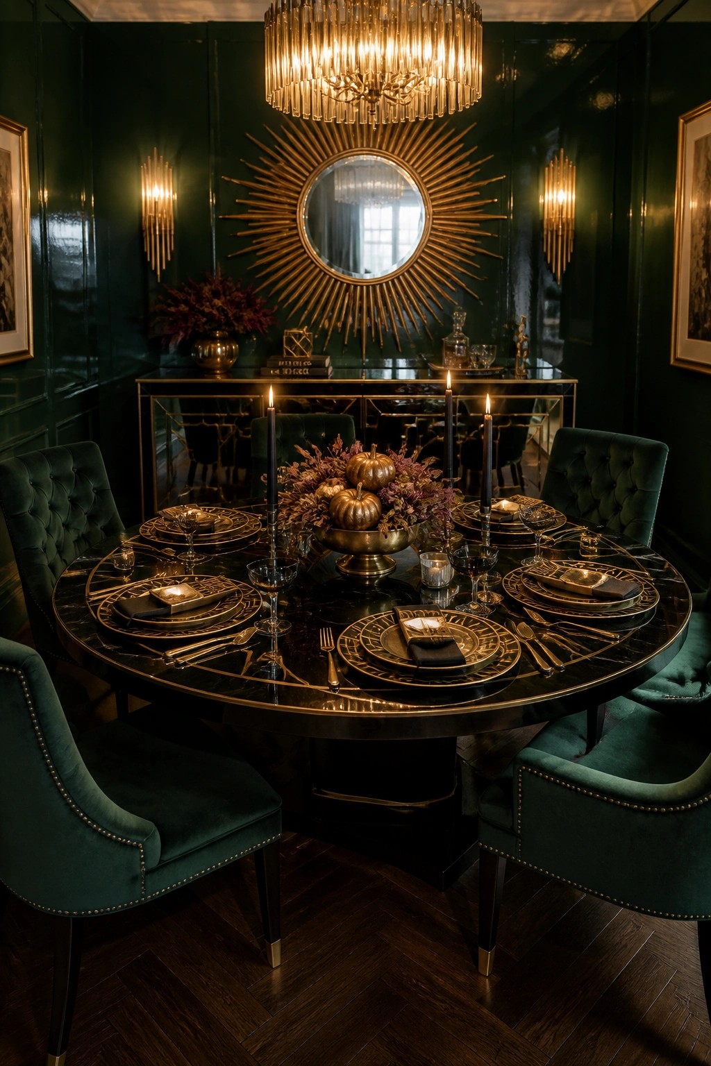 A round black marble dining table set with gold-rimmed plates, black candles, and a pumpkin centerpiece, surrounded by green velvet chairs in a dark green room.