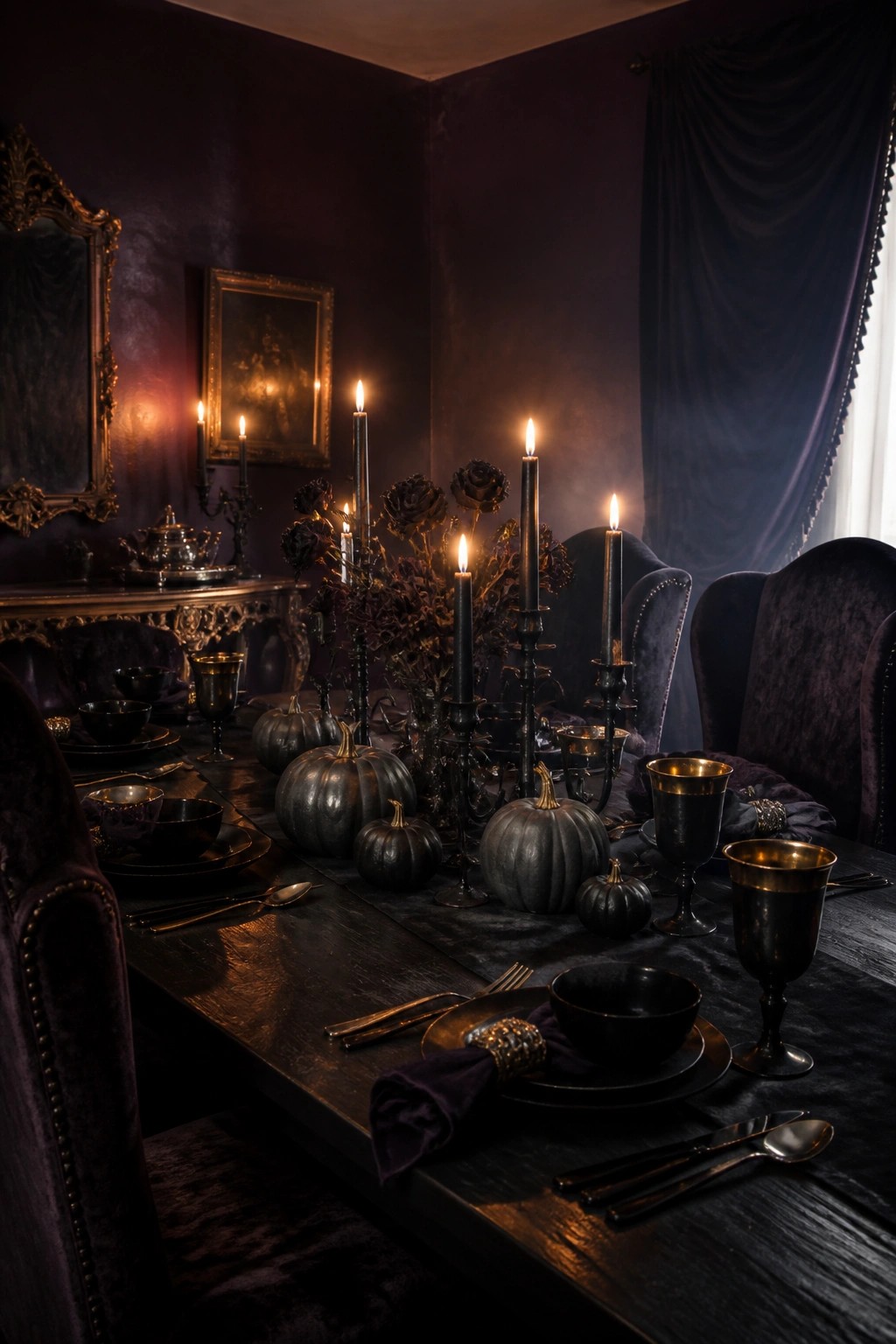 Gothic dining table with black pumpkins, lit candles, and dark velvet decor.