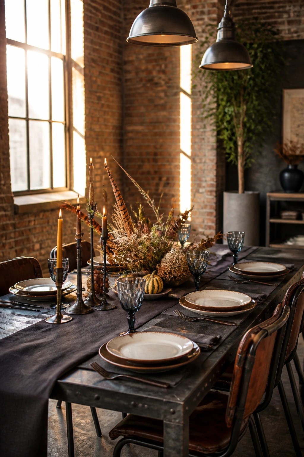 A long wooden dining table dressed with a dark gray runner, multiple lit taper candles in varied holders, blue glassware, stoneware plates, and a central arrangement of dried foliage, feathers, and a small pumpkin.