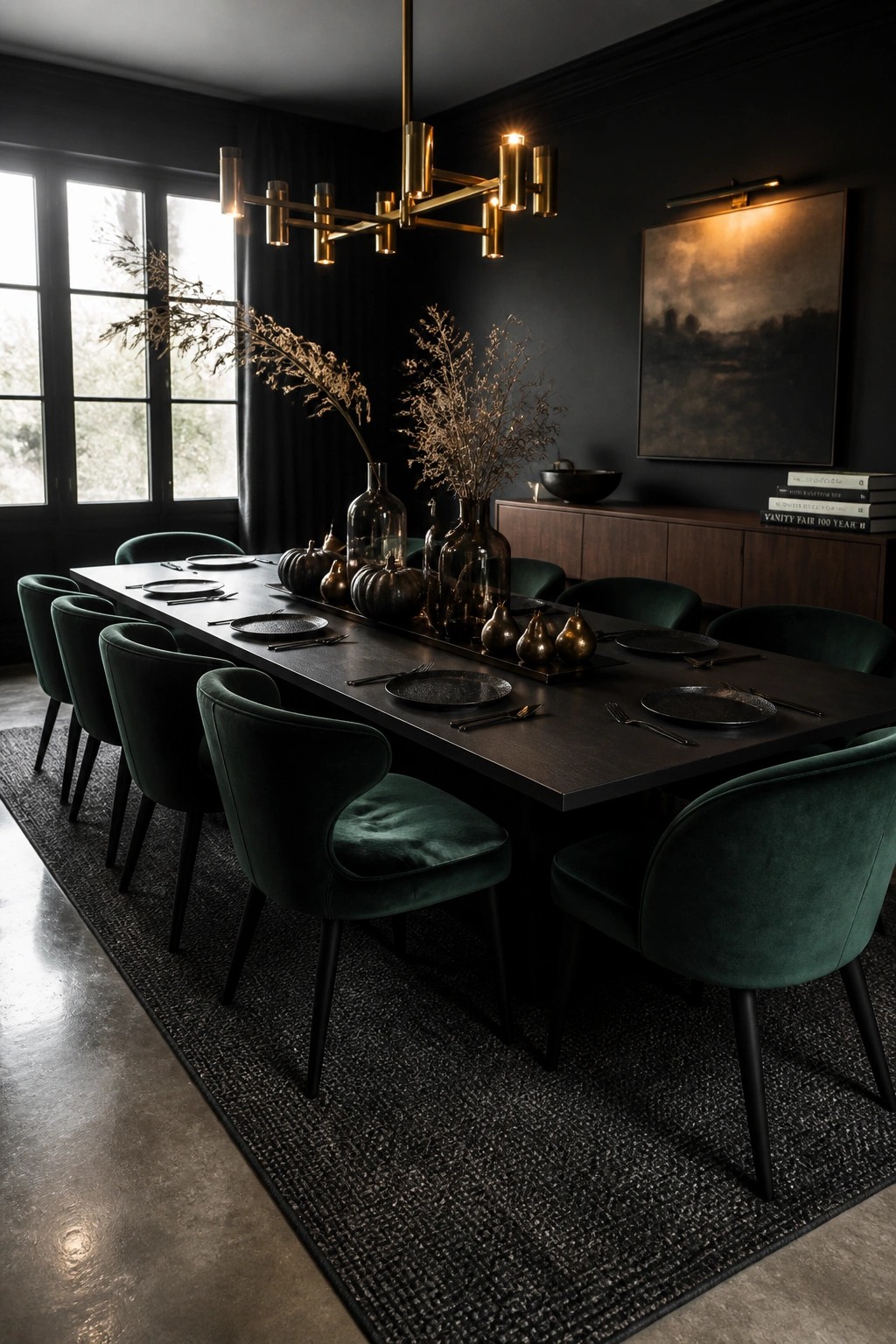 A long dark wood dining table set with black plates and autumn decor in a room with dark walls and green velvet chairs.