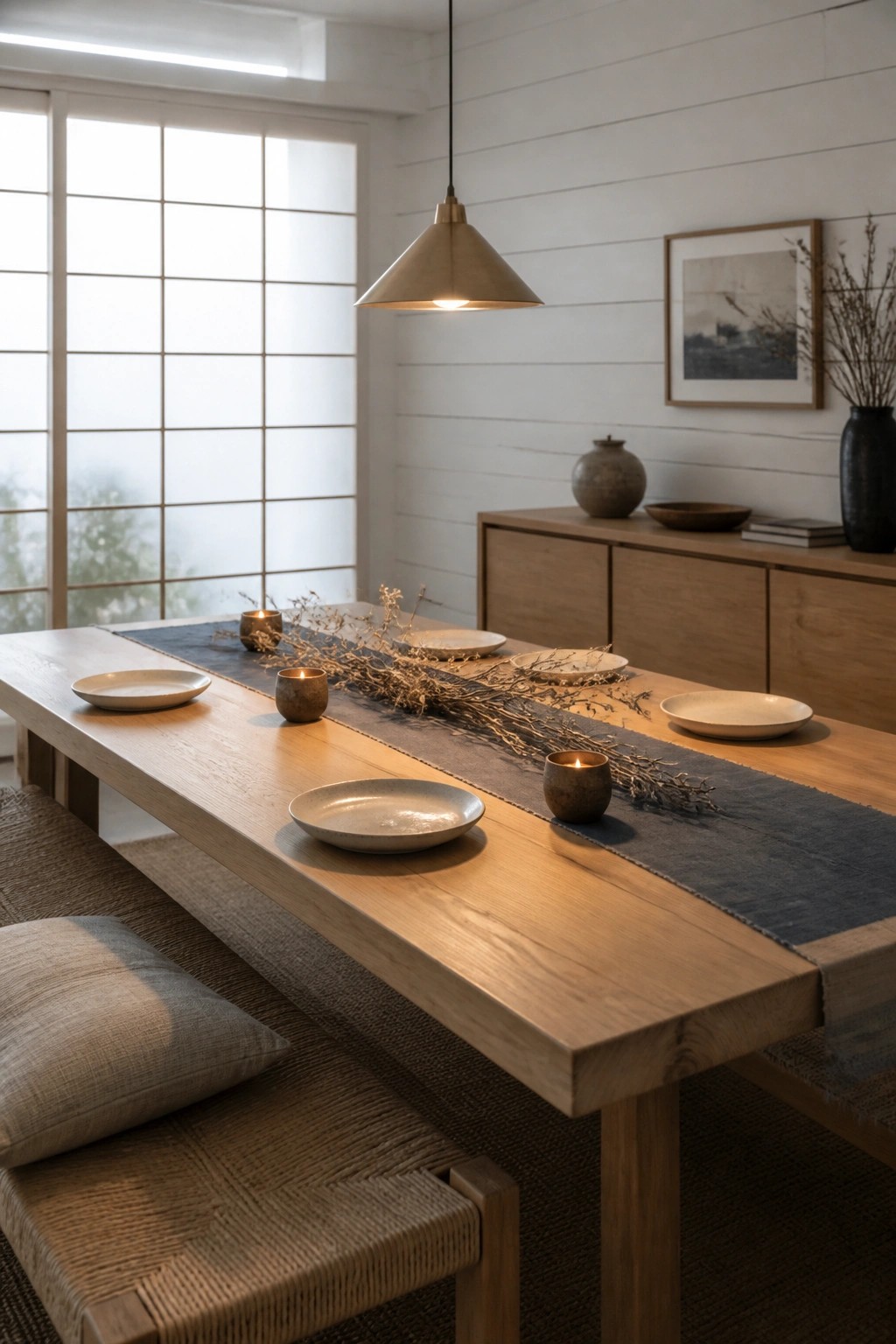 A wooden dining table with ceramic plates, a dark runner, lit candles in small cups, and dried branches running down the center in a bright room with a wooden sideboard.