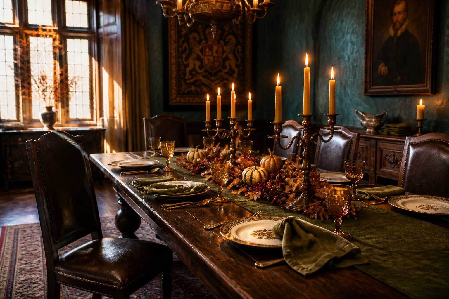 A long wooden dining table is set with white plates, amber glassware, and a central green runner holding small pumpkins, autumn leaves, and lit taper candles in dark metal holders.
