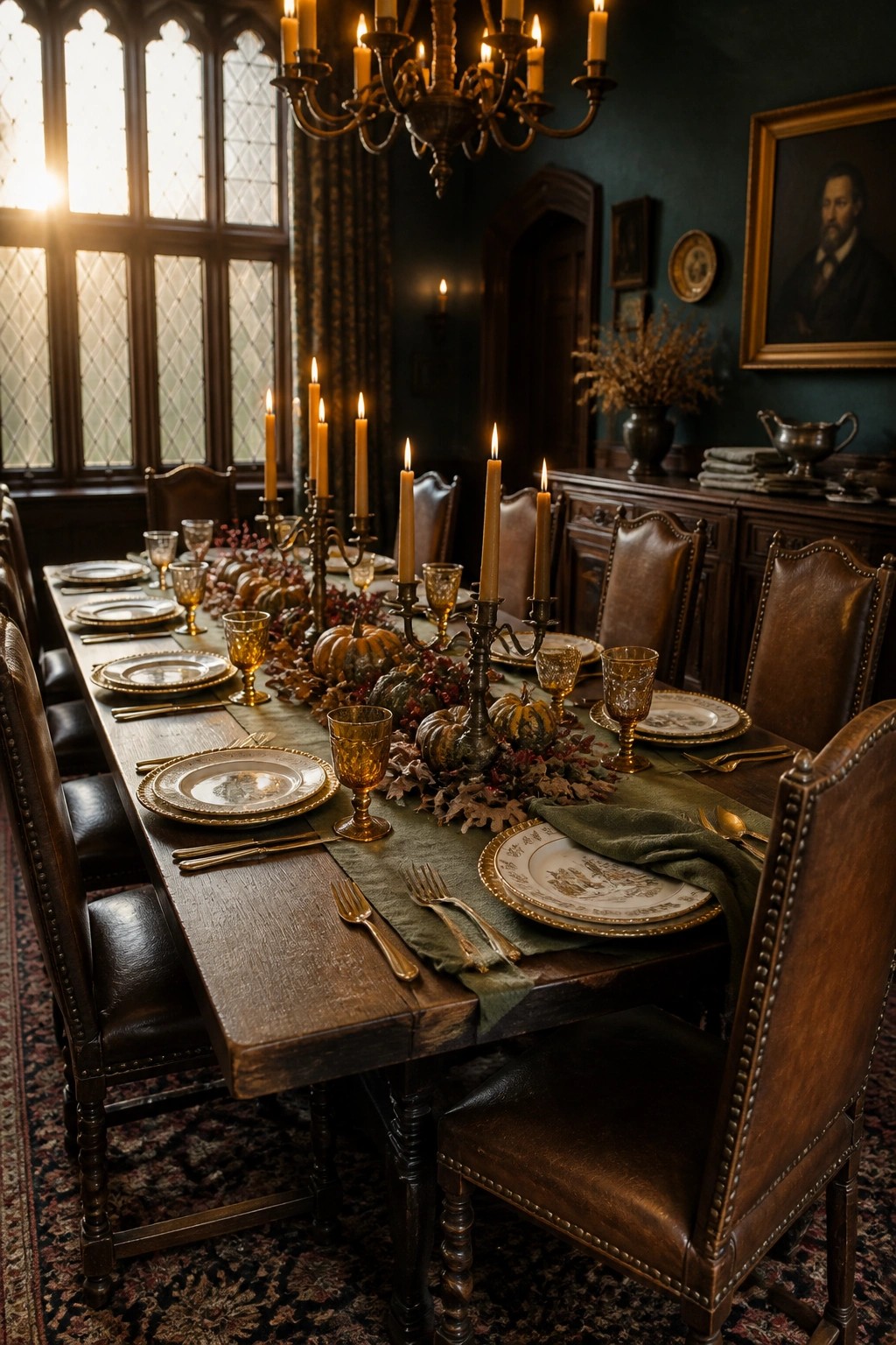 A long wooden dining table is set with white plates, amber glassware, and a central green runner holding small pumpkins, autumn leaves, and lit taper candles in dark metal holders.