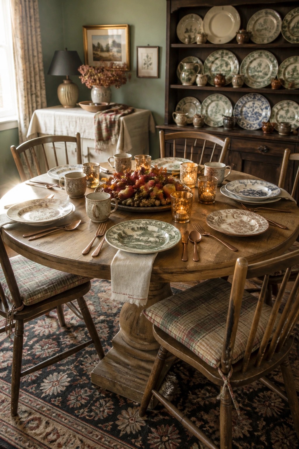 A round wooden dining table set with mismatched vintage plates in green and blue patterns, copper utensils, lit candles in glass holders, and a centerpiece of fruit and autumn foliage.