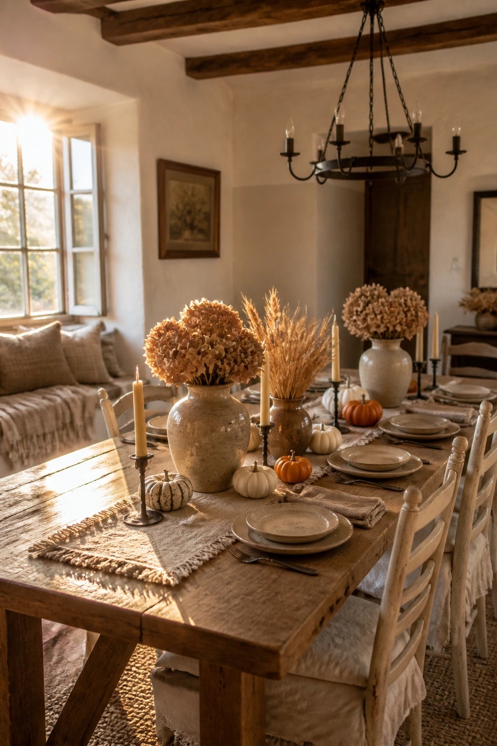 A long wooden dining table set with neutral stoneware plates, dried hydrangeas, wheat stalks, small pumpkins, and taper candles in a rustic interior.