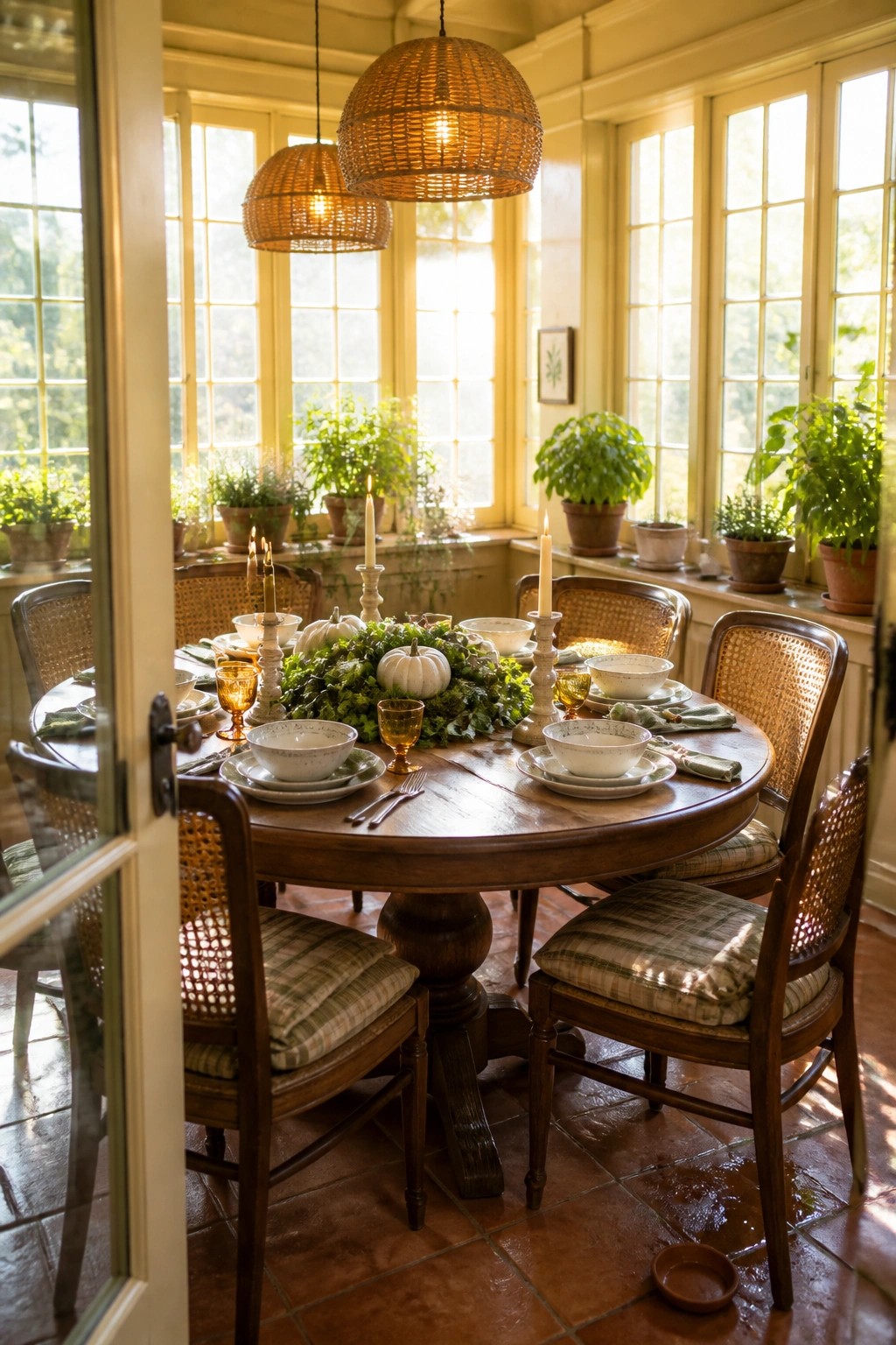 A round wooden dining table set for a meal with a centerpiece of white pumpkins and green foliage, candles in holders, and place settings on a terracotta tile floor.